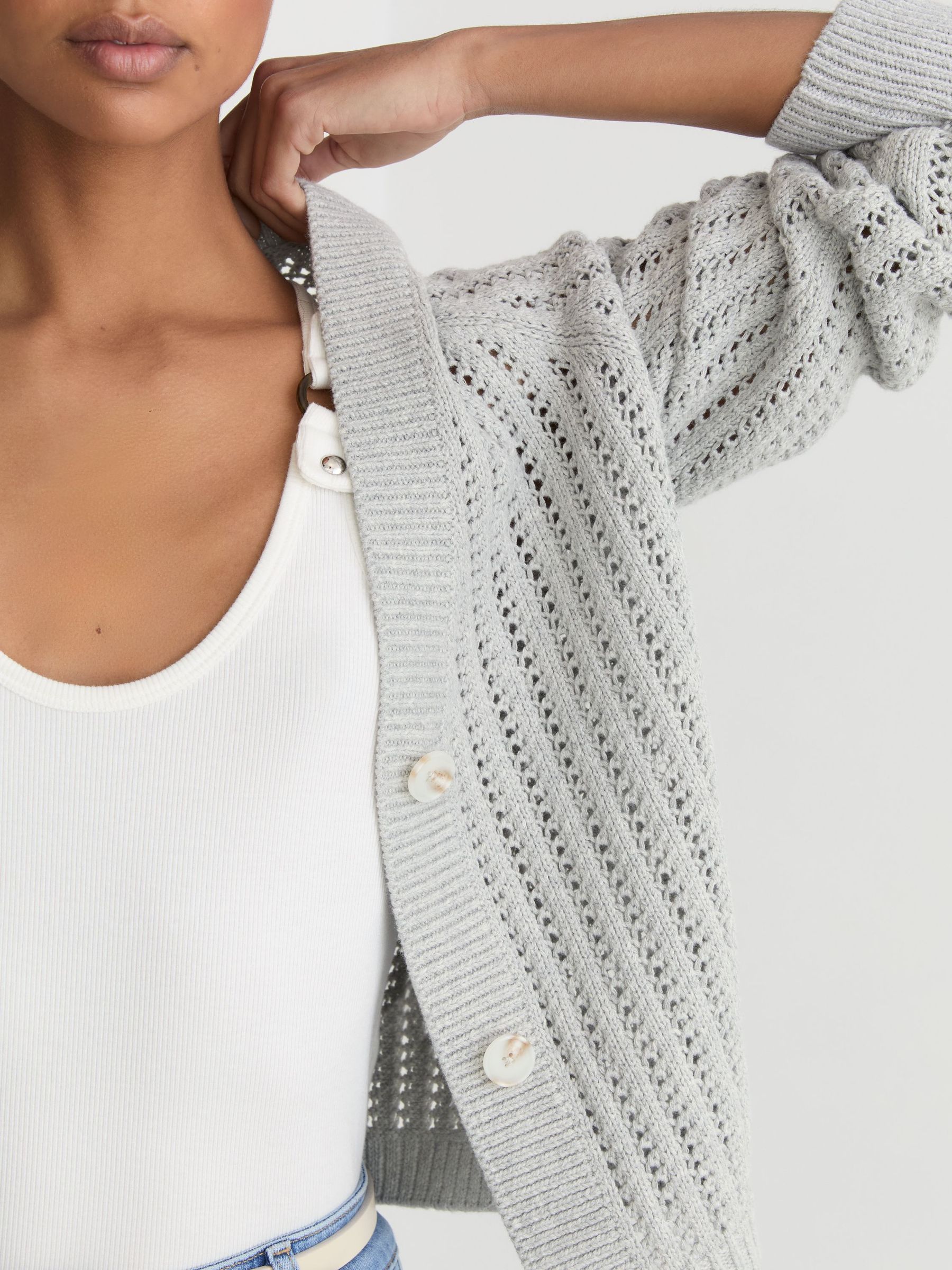 Cotton-Blend Open-Knit Cardigan in Silver Grey - Image 3 of 7