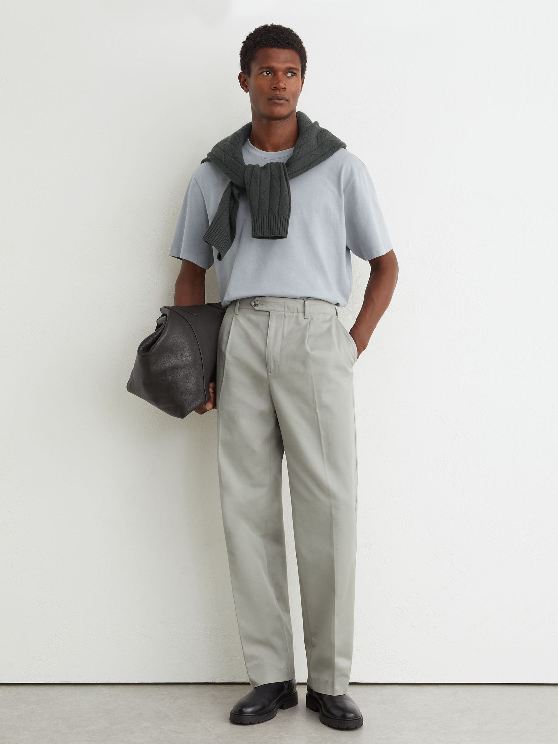 Cotton Slub Pleated Relaxed-Fit Trousers in Sage Green - Image 1 of 6