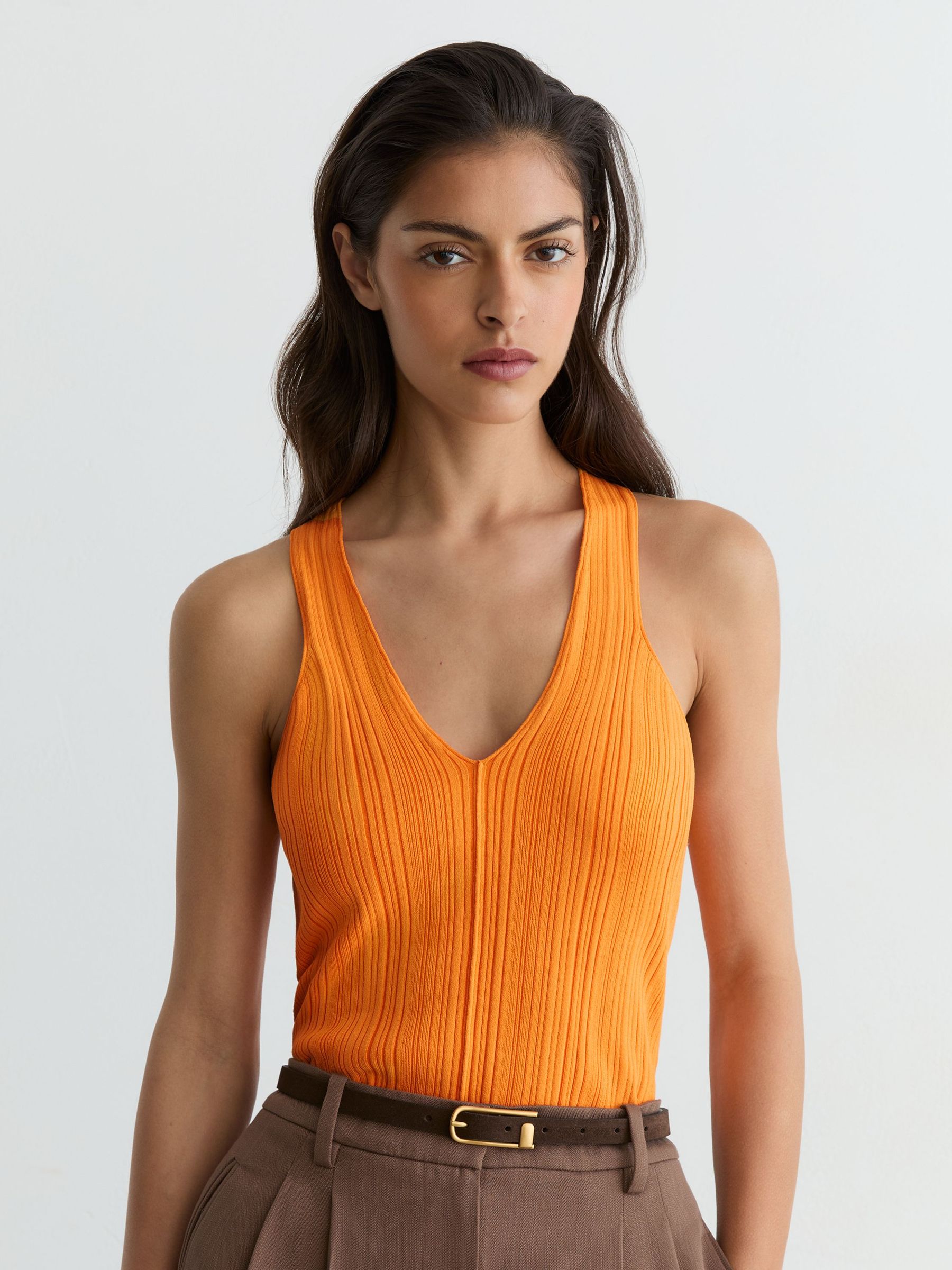 Pleated Knit V-Neck Vest in Orange - Image 1 of 5