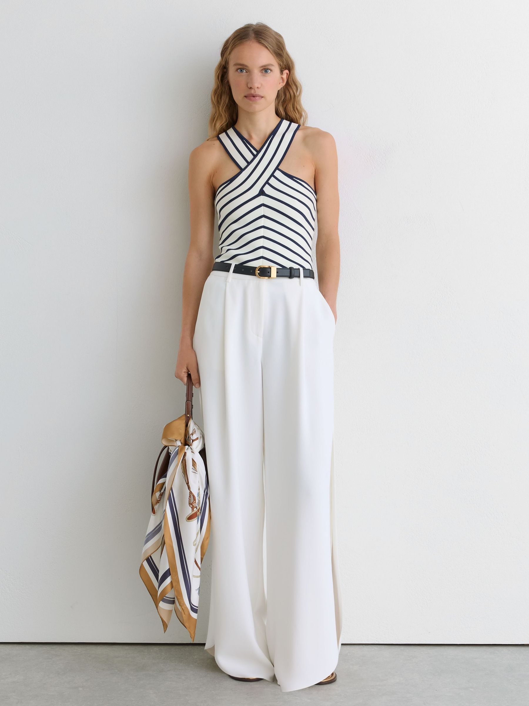 Striped Cross-Strap Knitted Vest in White/Navy - image 2