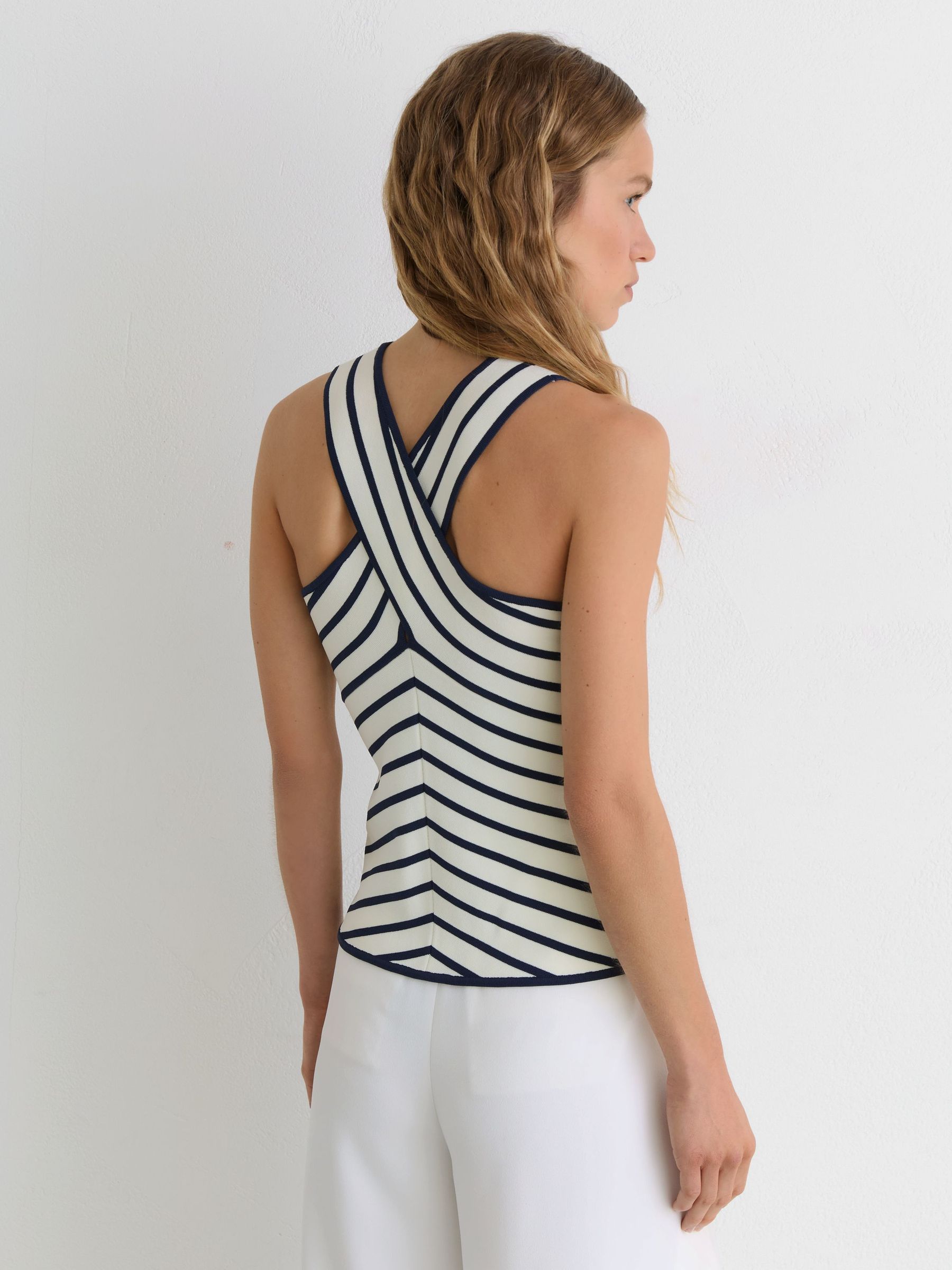 Striped Cross-Strap Knitted Vest in White/Navy - image 5
