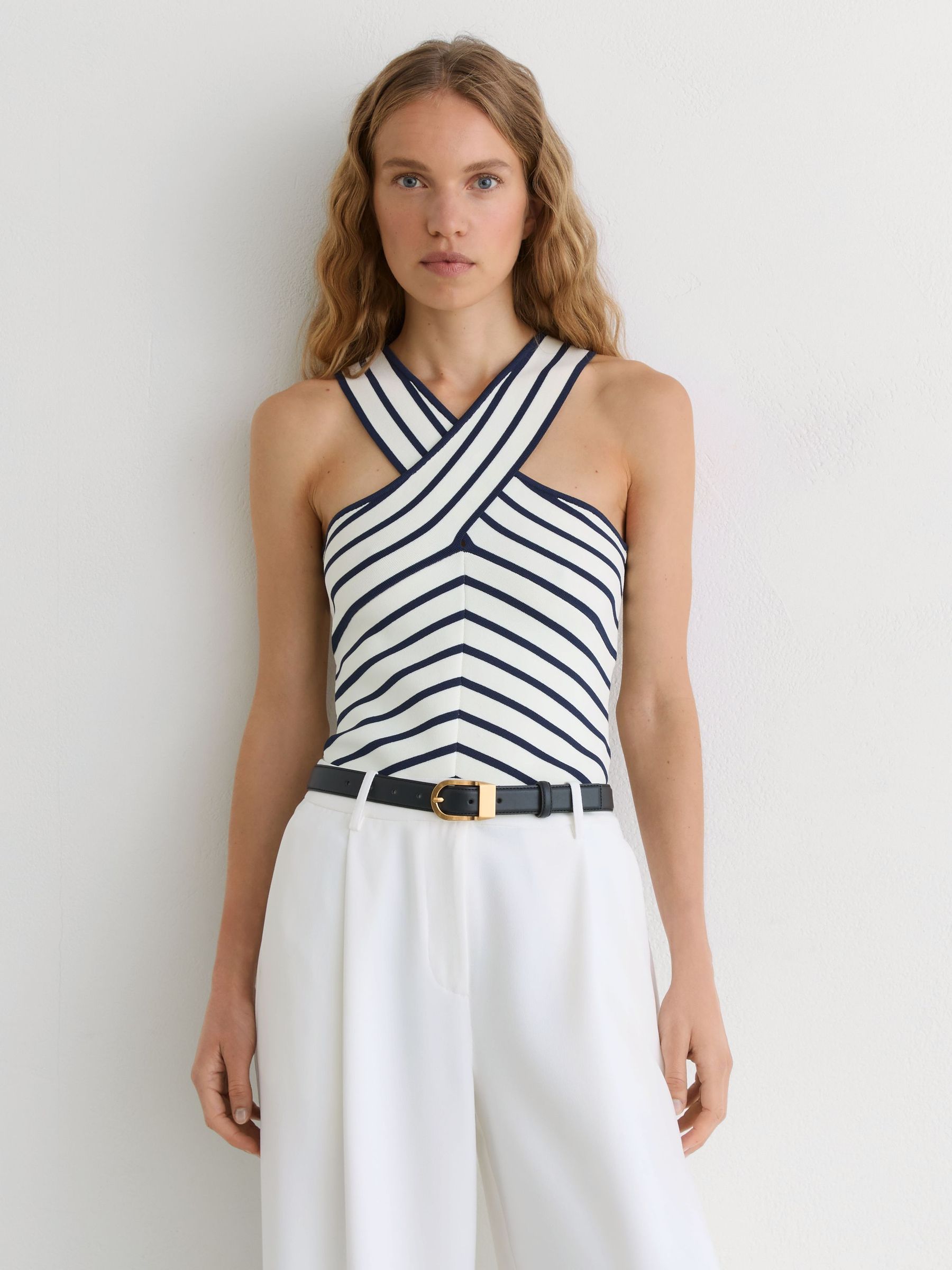 Striped Cross-Strap Knitted Vest in White/Navy - image 4