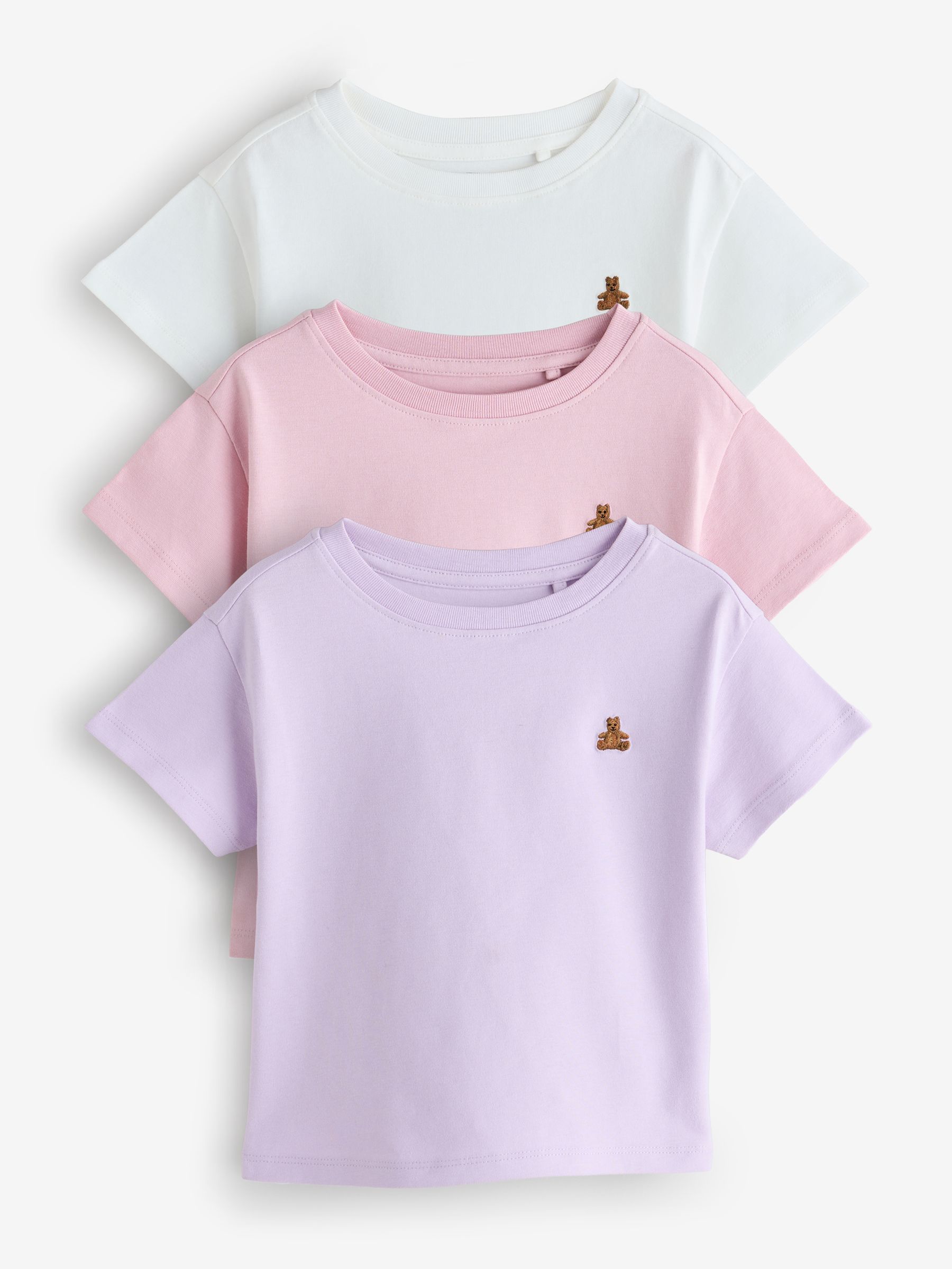 Pink & Purple 3 Pack Short Sleeve Crew Neck T-Shirt (6mths-5yrs) - Image 1 of 8 Pink & Purple 3 Pack Short Sleeve Crew Neck T-Shirt (6mths-5yrs) - Image 1 of 8