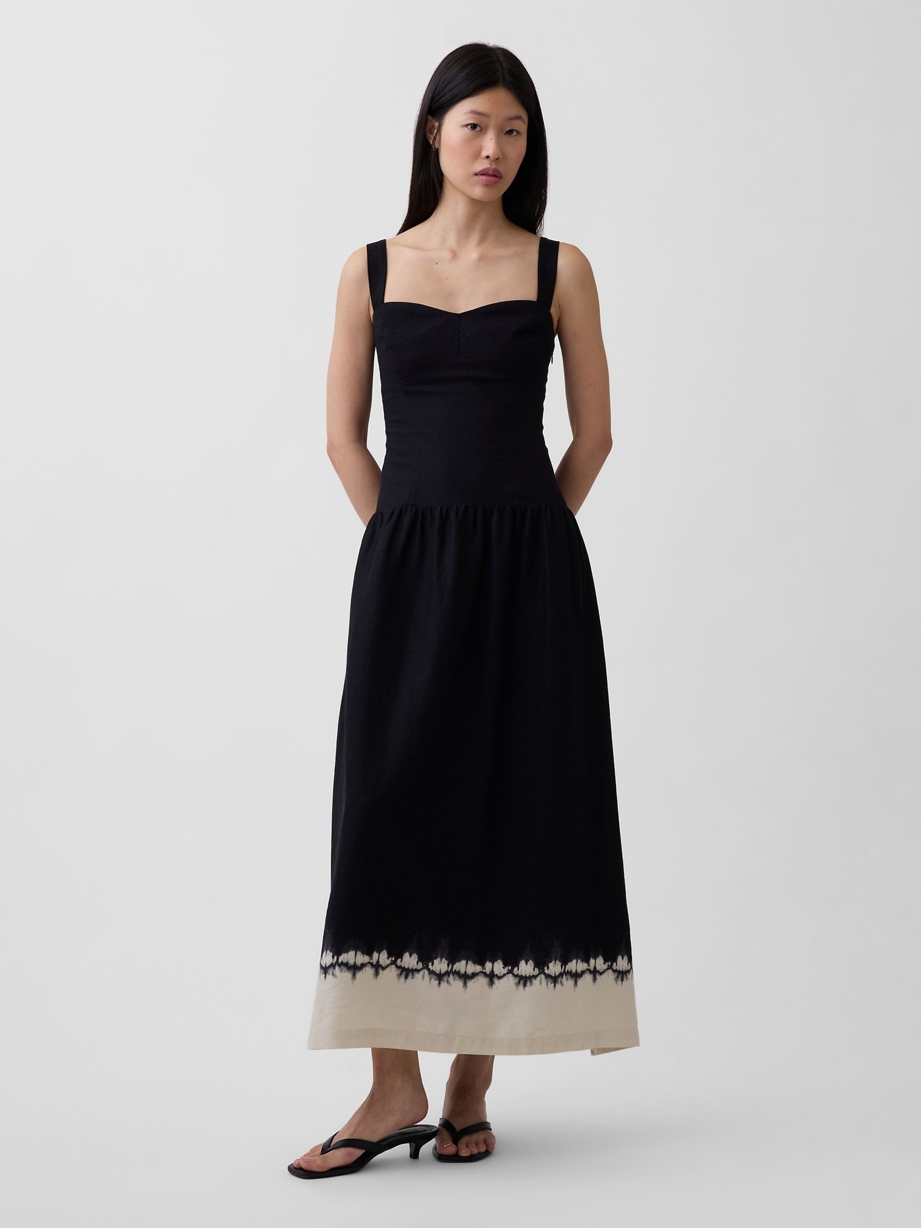 Black Linen-Blend Drop-Waist Corset Maxi Dress - Image 1 of 4