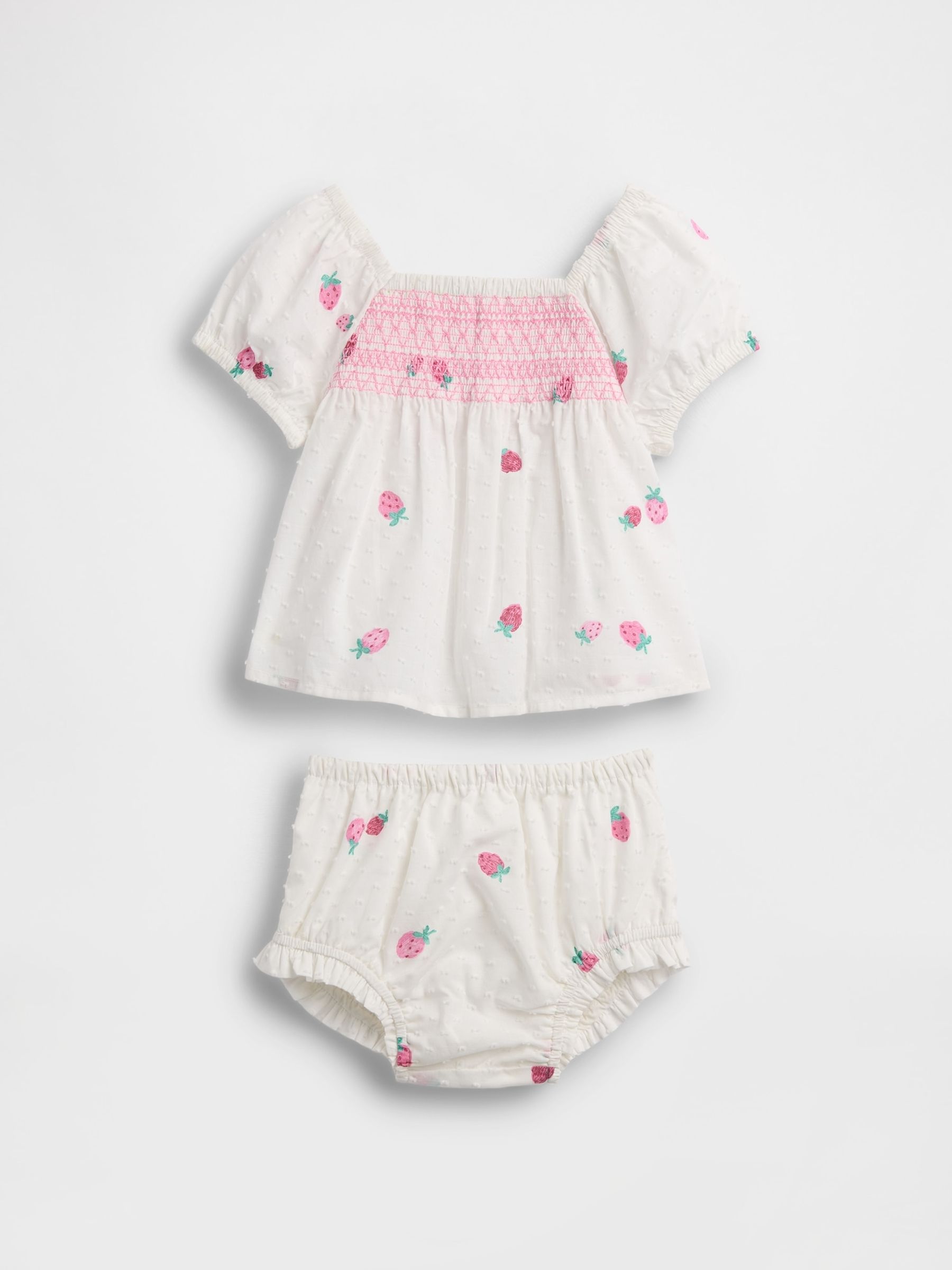 White Smocked Strawberry Outfit Set - Image 1 of 3