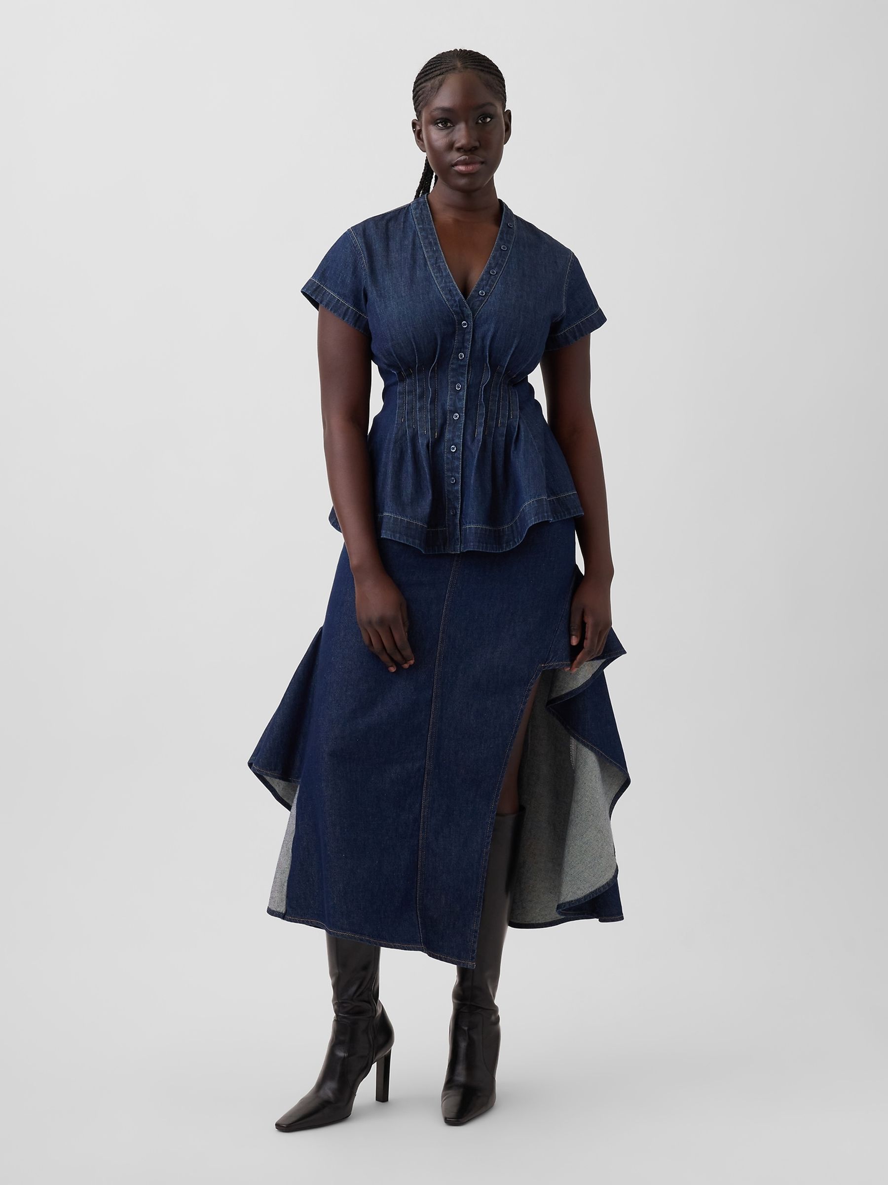 Gap x Harlem's Dark Wash Fashion Row Ruffle Denim Midi Skirt - Image 1 of 5