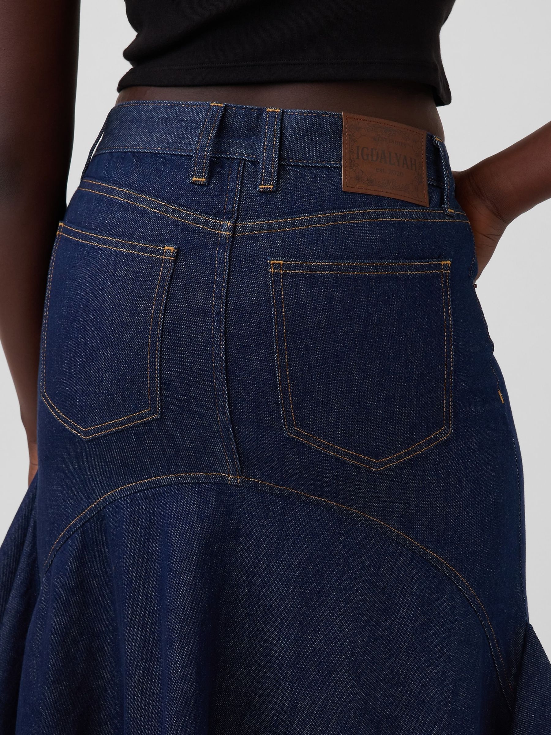 Gap x Harlem's Dark Wash Fashion Row Ruffle Denim Midi Skirt - Image 4 of 5