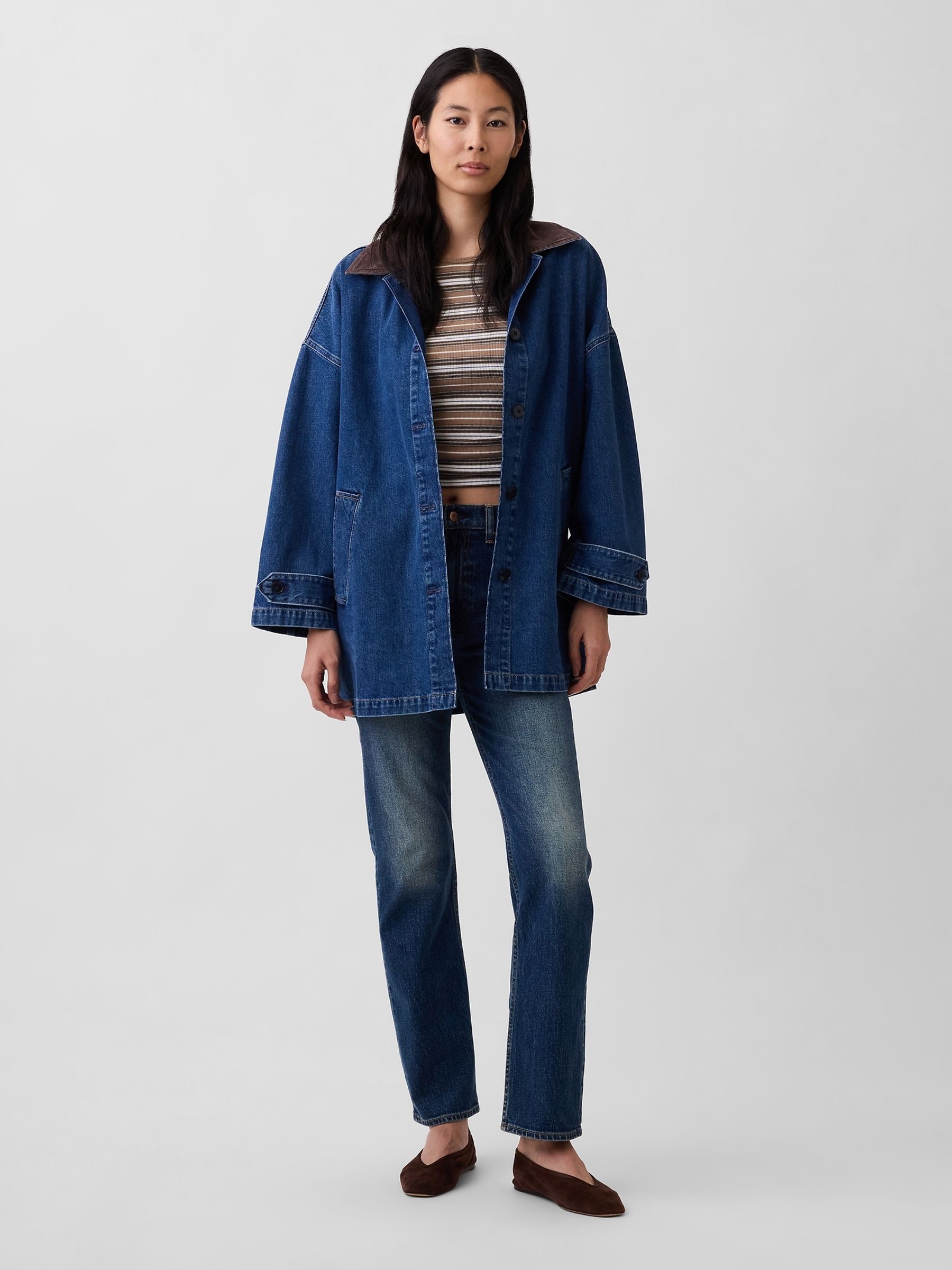 Medium wash Oversized Denim Car Coat - Image 1 of 5 Medium wash Oversized Denim Car Coat - Image 1 of 5