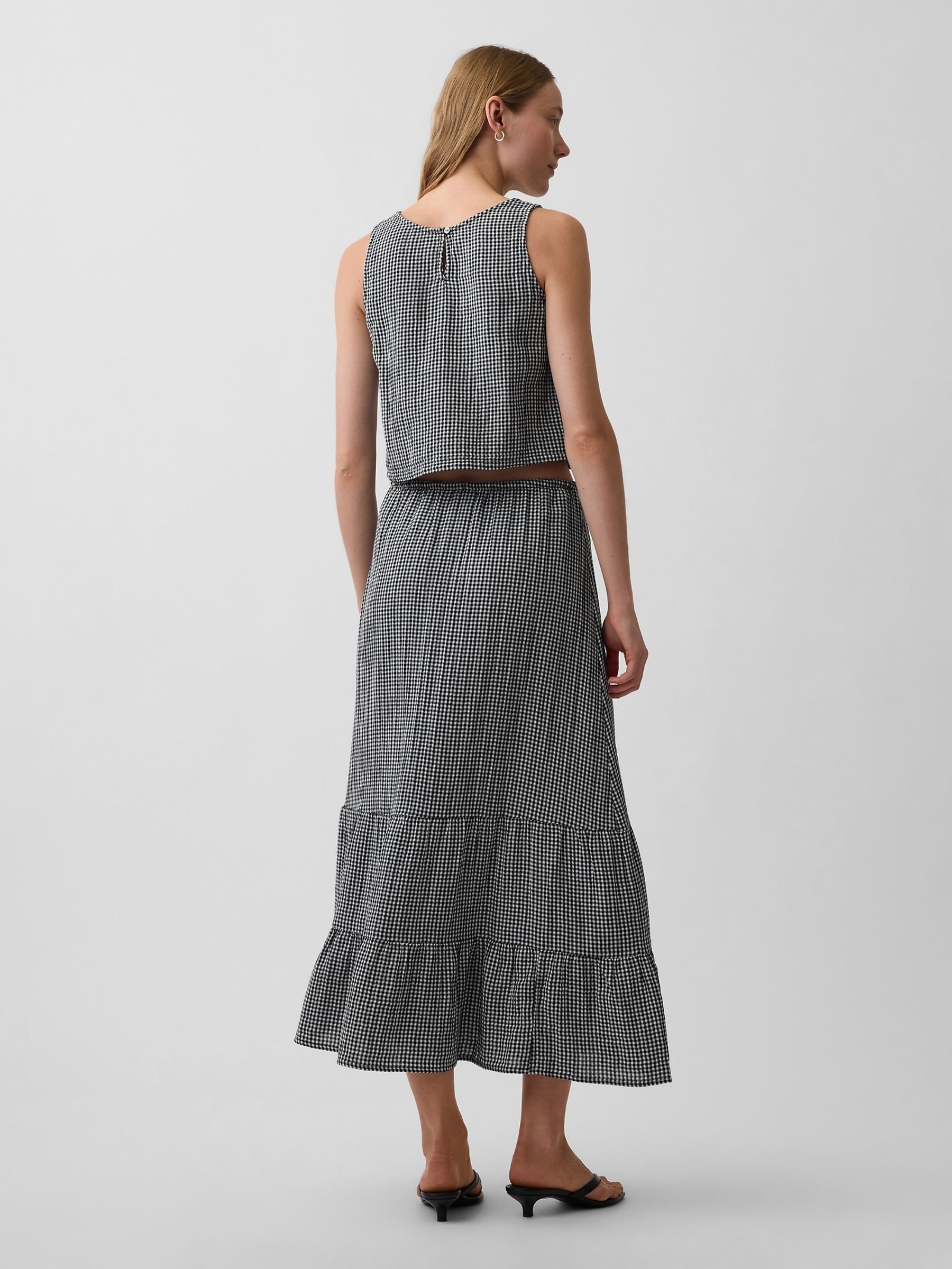 Black Gingham Cotton Gauze Easy Tiered Maxi Skirt - Image 2 of 4 Black Gingham Cotton Gauze Easy Tiered Maxi Skirt - Image 2 of 4