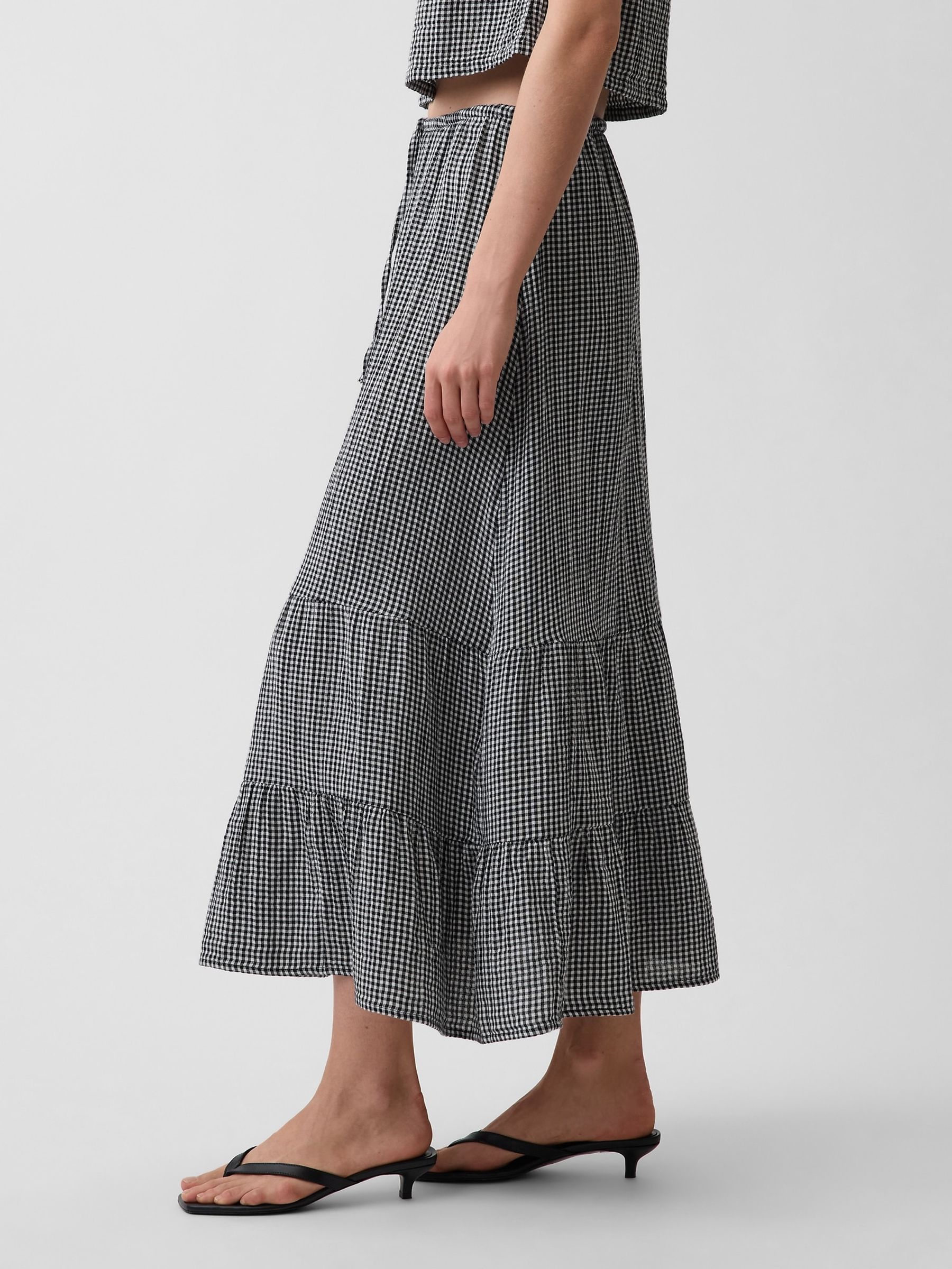 Black Gingham Cotton Gauze Easy Tiered Maxi Skirt - Image 3 of 4