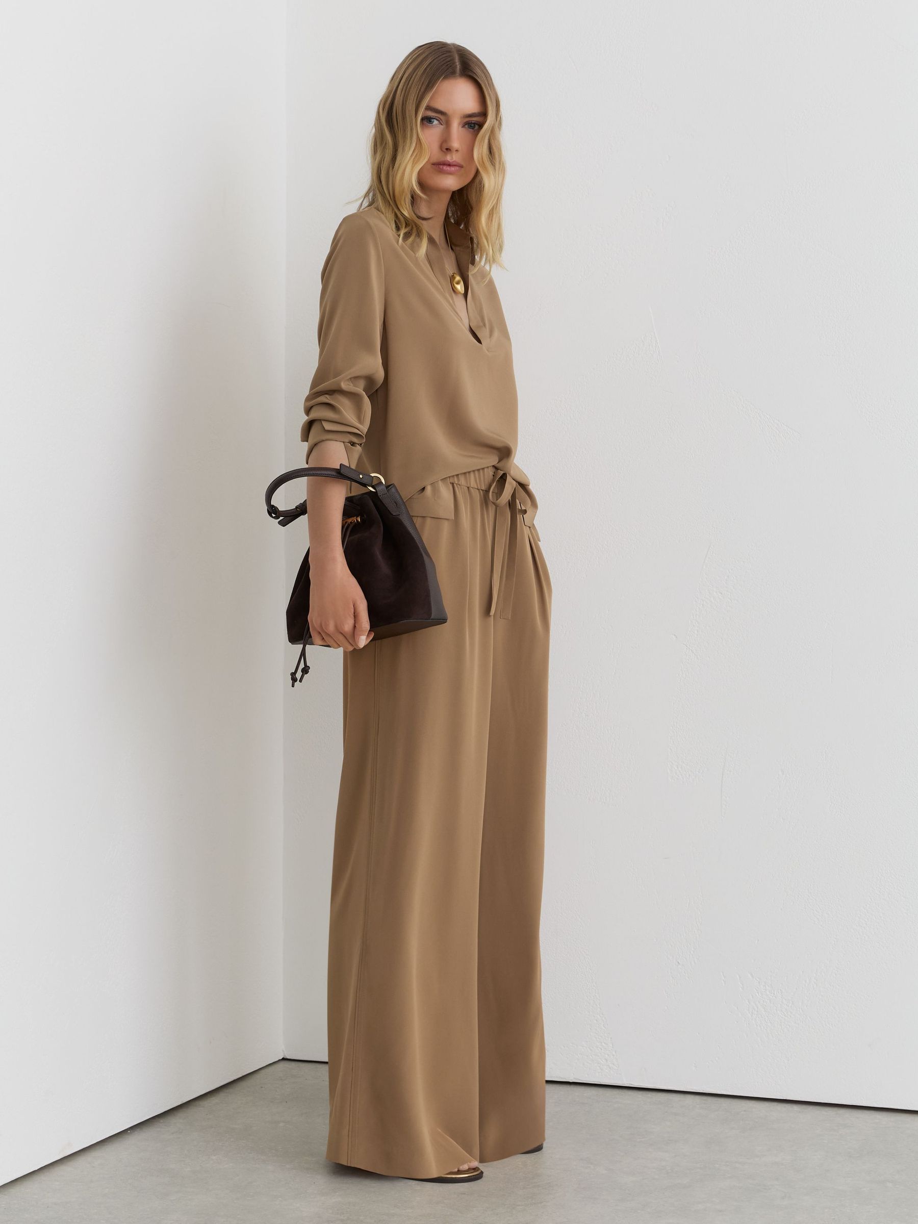 Petite Matte-Silk Wide-Leg Trousers in Camel - Image 1 of 7