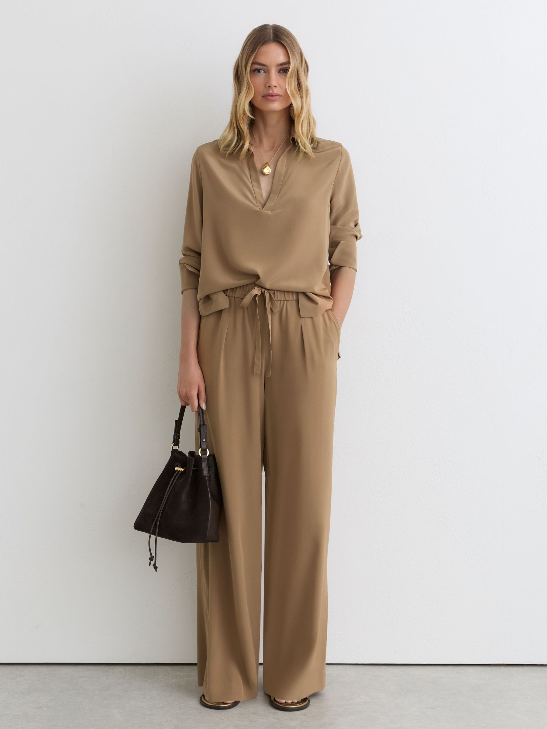 Petite Matte-Silk Wide-Leg Trousers in Camel - image 4