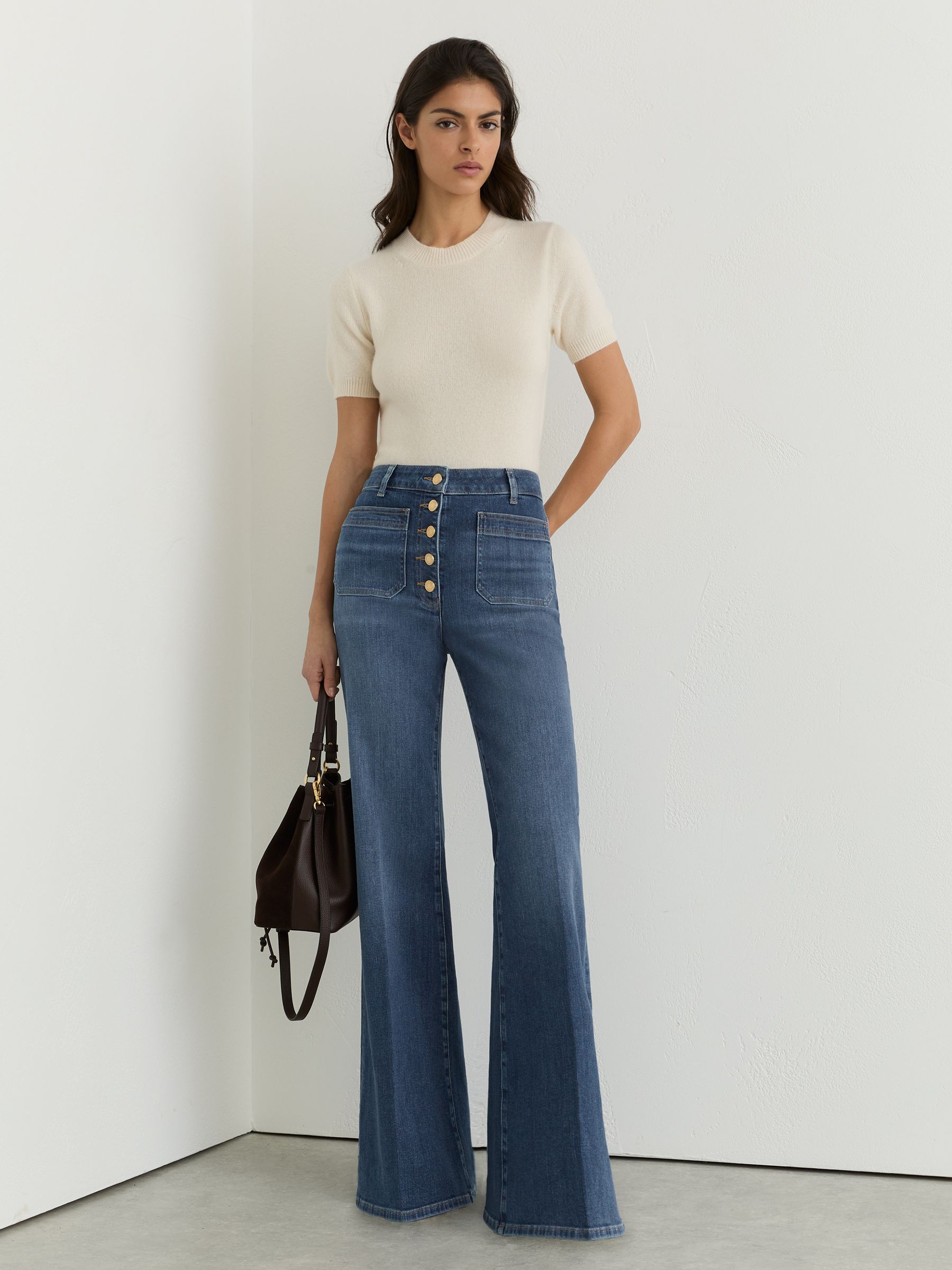 Twin-Pocket Button Flared Jeans in Mid Blue - Image 1 of 8