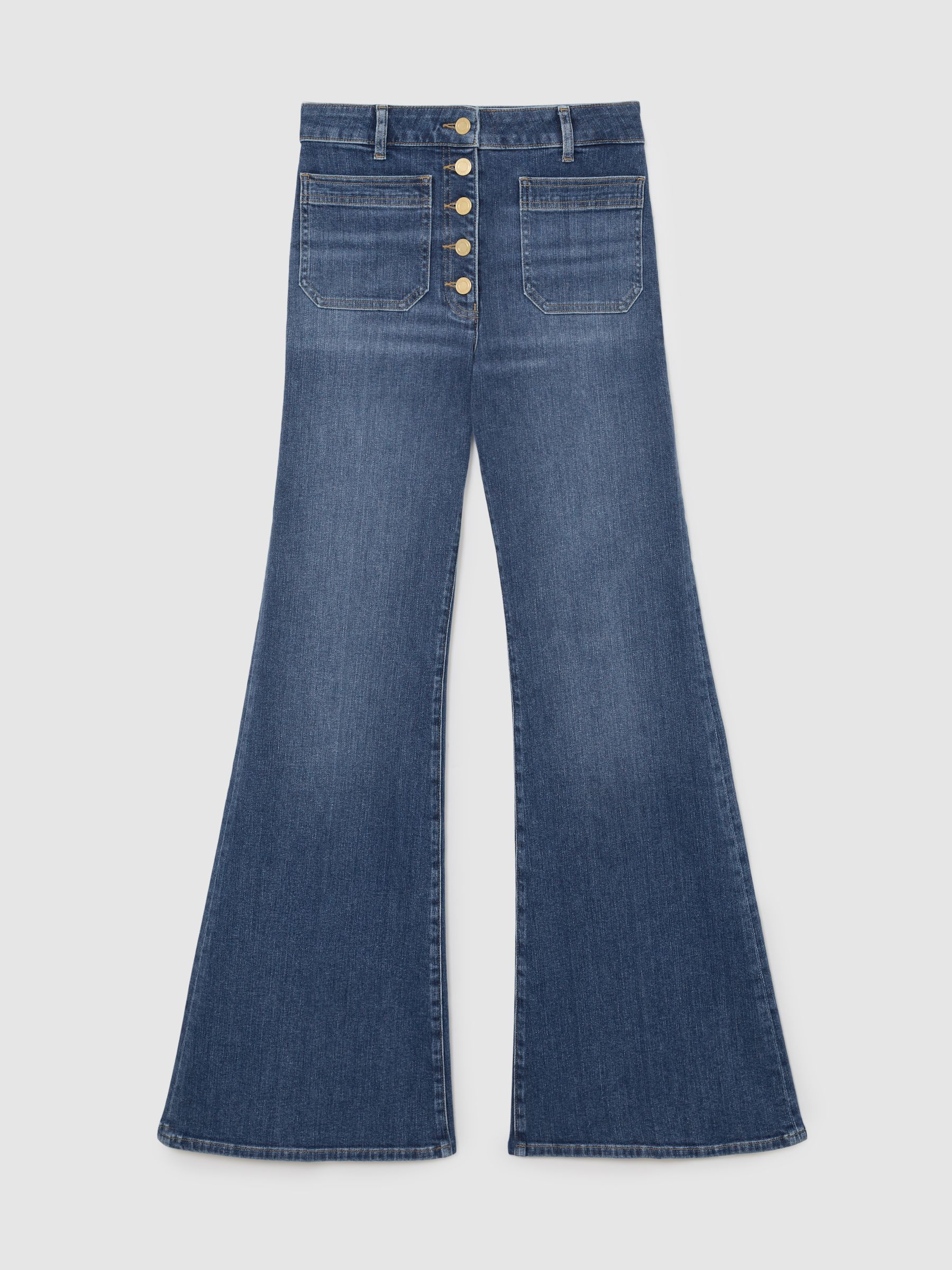 Twin-Pocket Button Flared Jeans in Mid Blue - Image 2 of 8