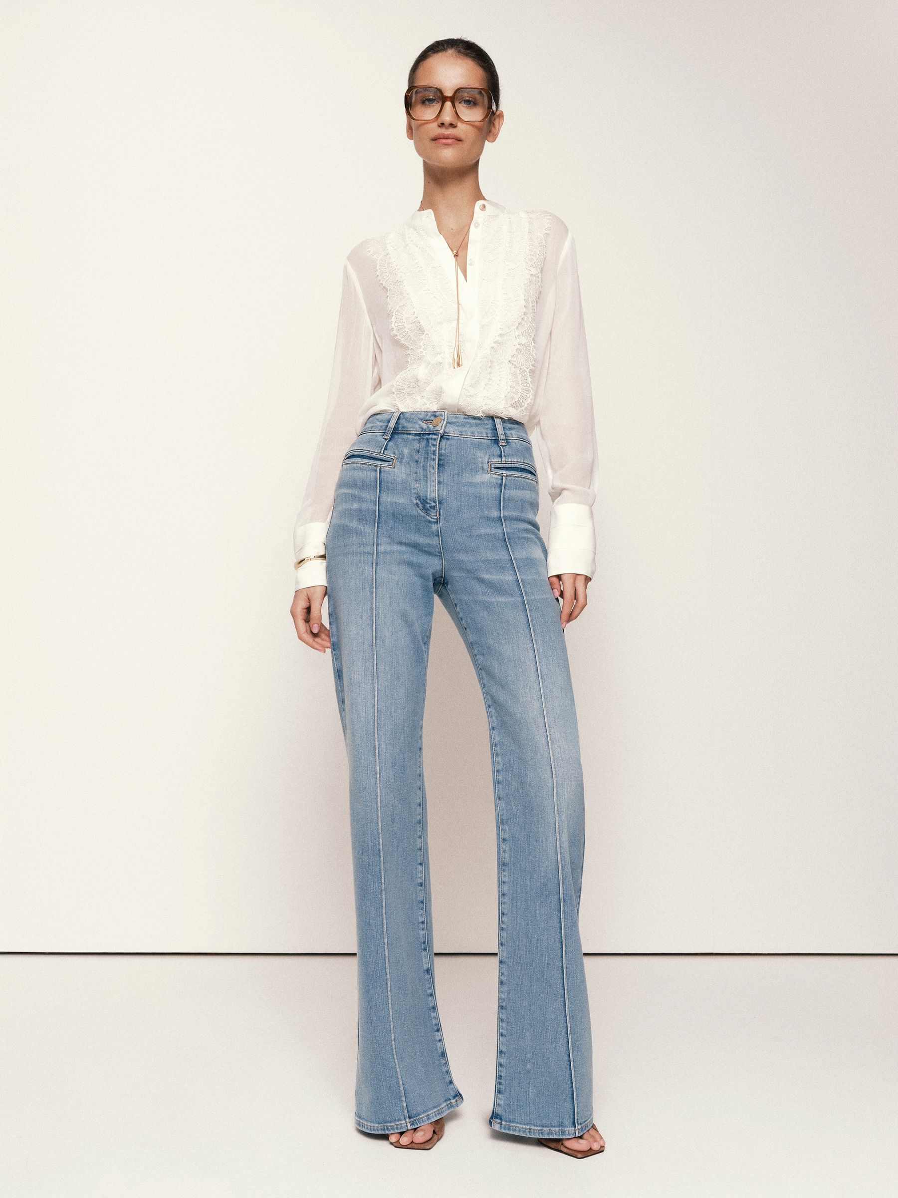 Pintuck-Detail Flared Jeans in Light Blue - image 3