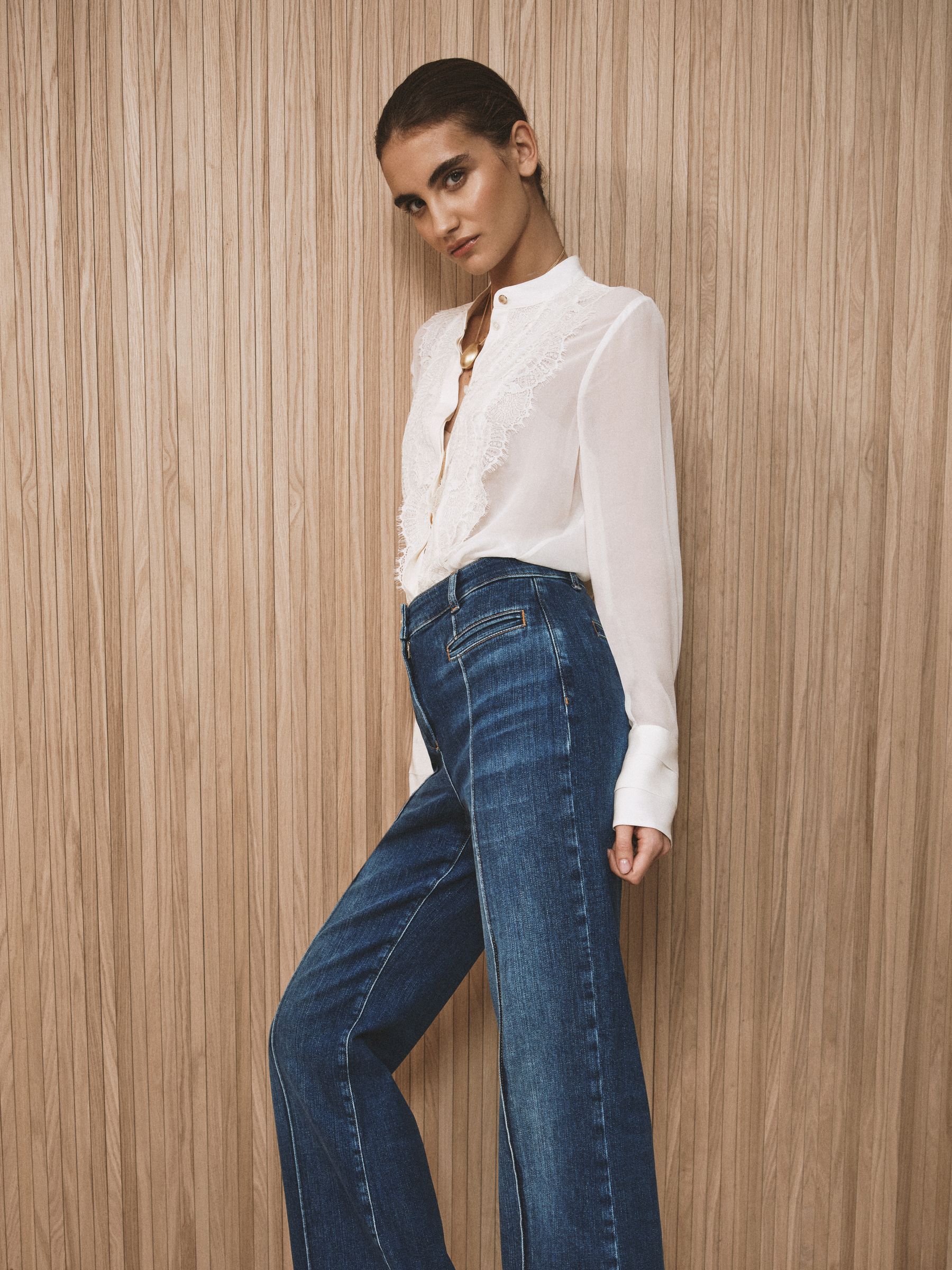 Pintuck-Detail Flared Jeans in Mid Blue - image 2