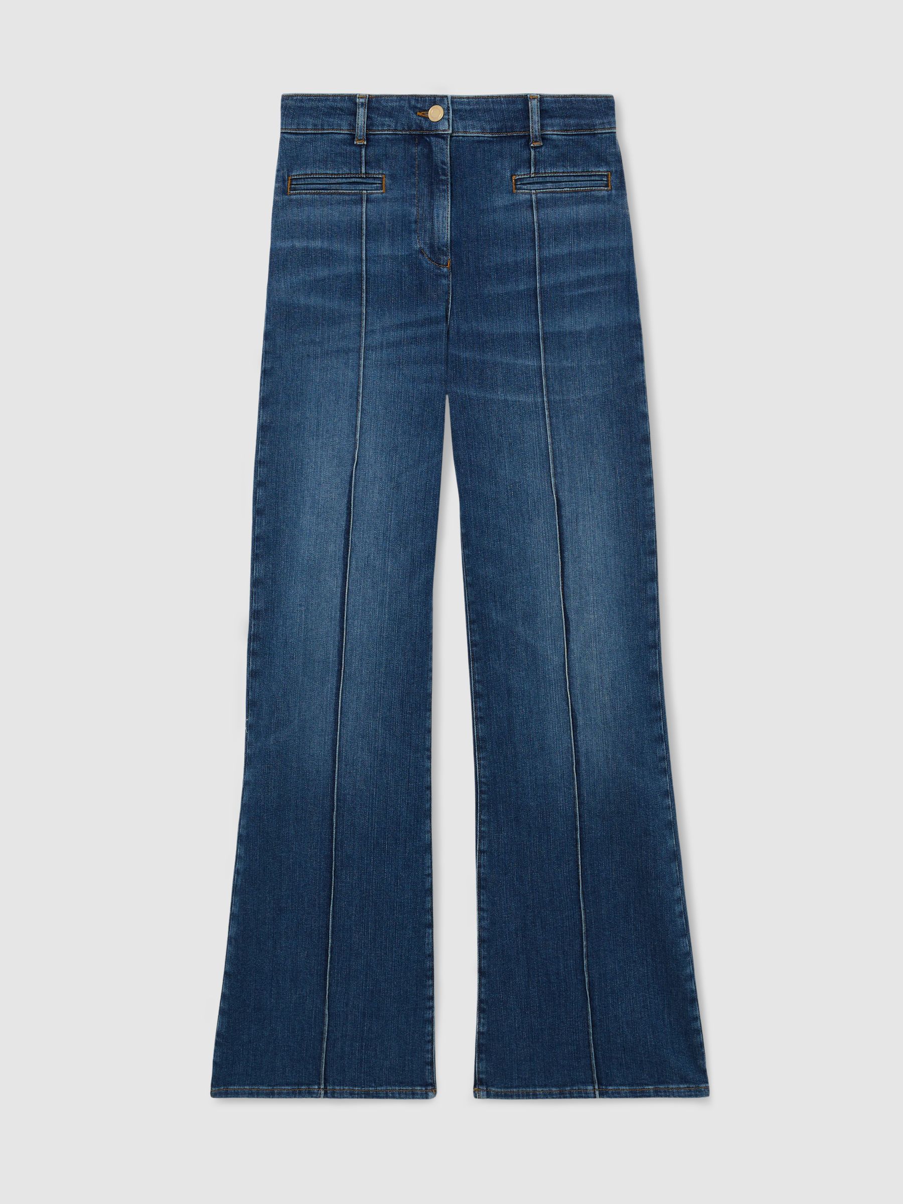 Pintuck-Detail Flared Jeans in Mid Blue - Image 2 of 6