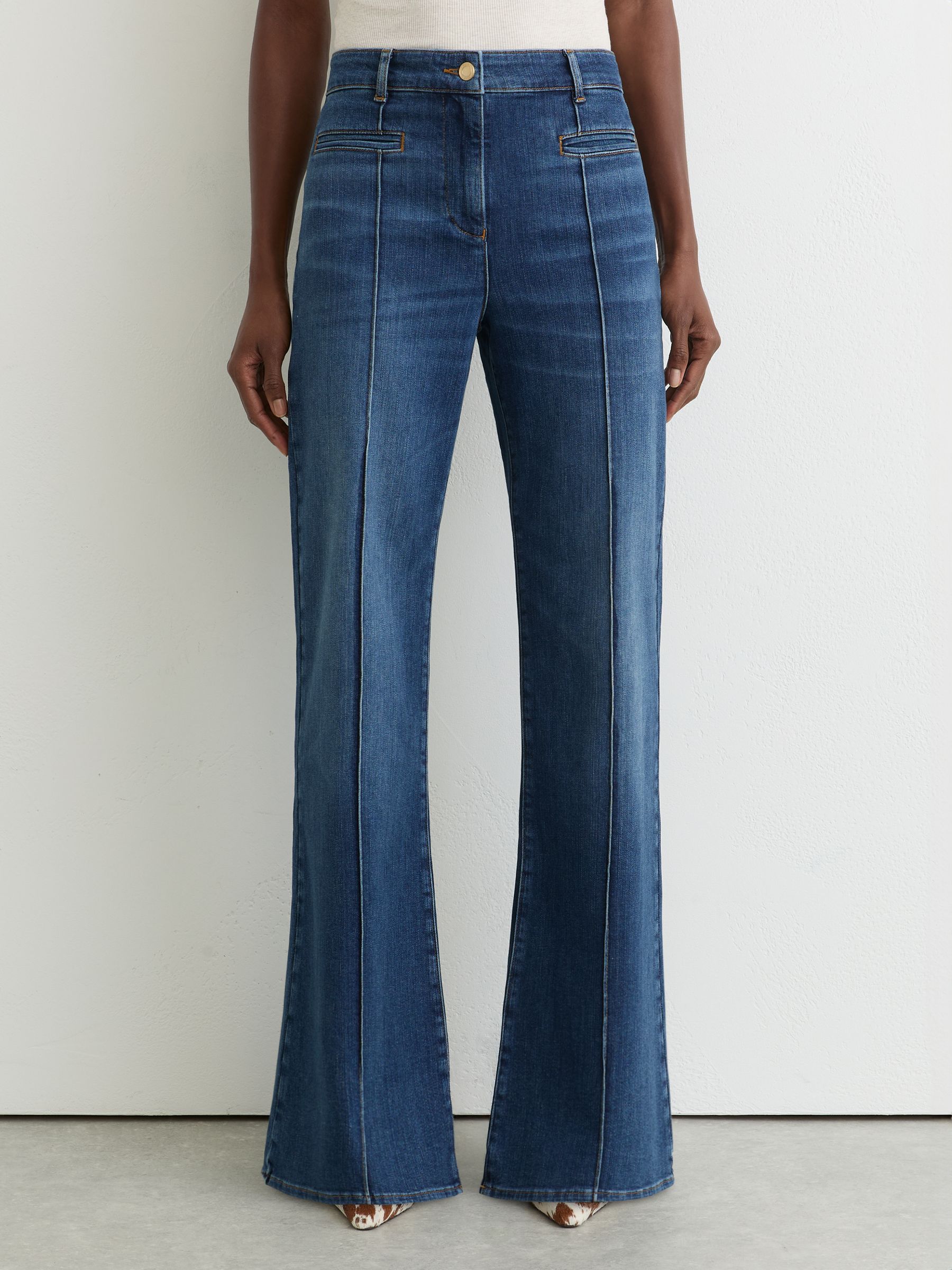 Pintuck-Detail Flared Jeans in Mid Blue - image 5