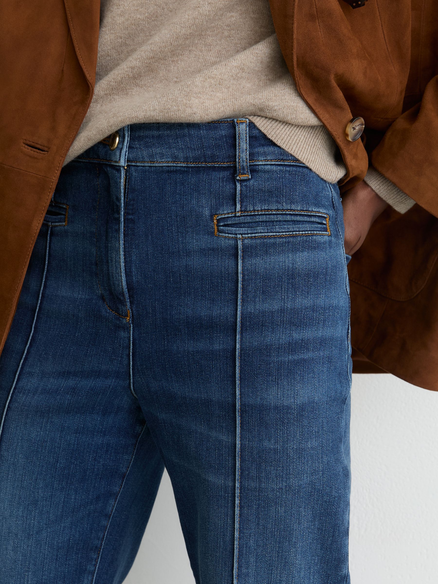 Pintuck-Detail Flared Jeans in Mid Blue - Image 4 of 6