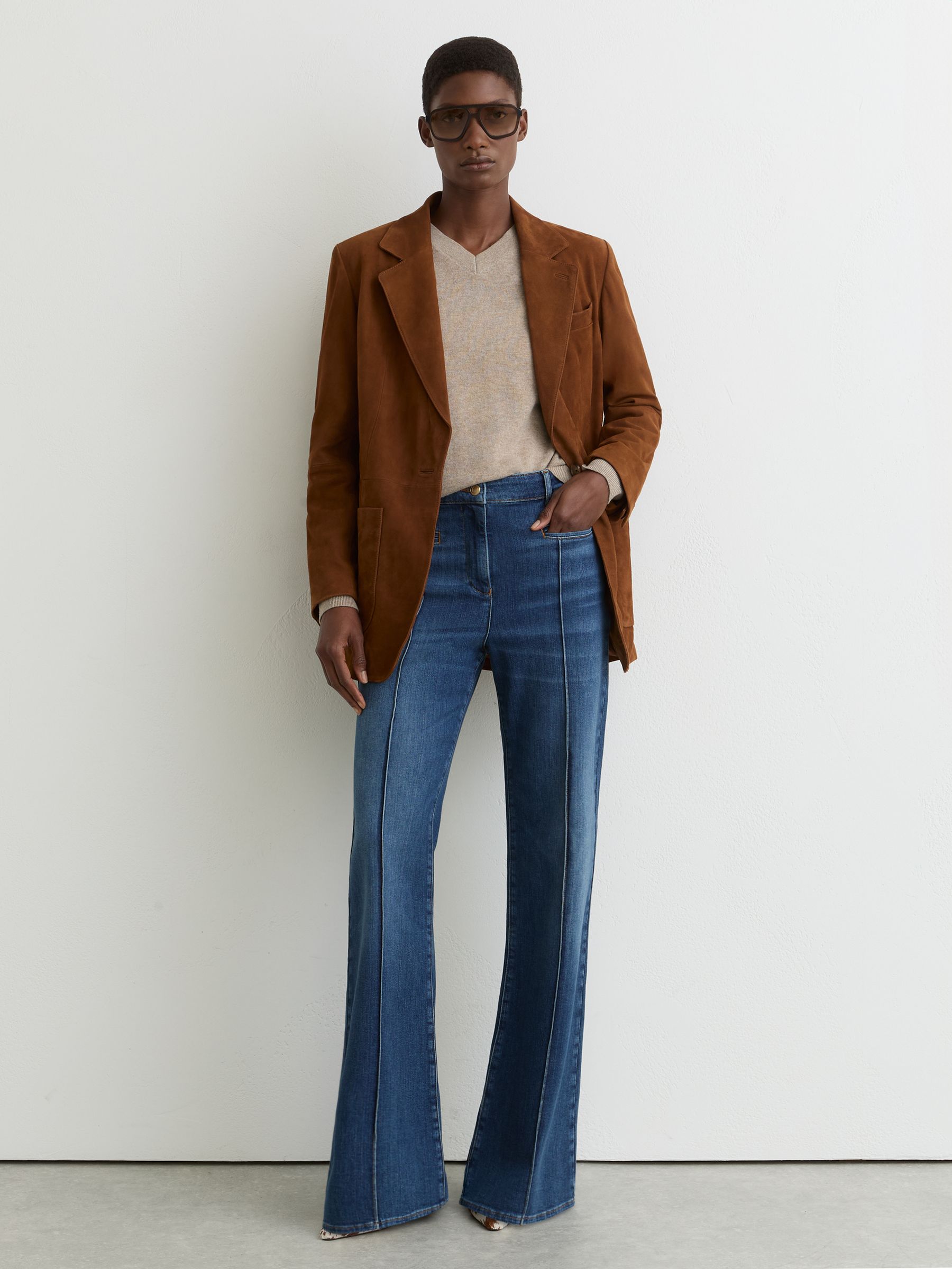 Pintuck-Detail Flared Jeans in Mid Blue - image 3