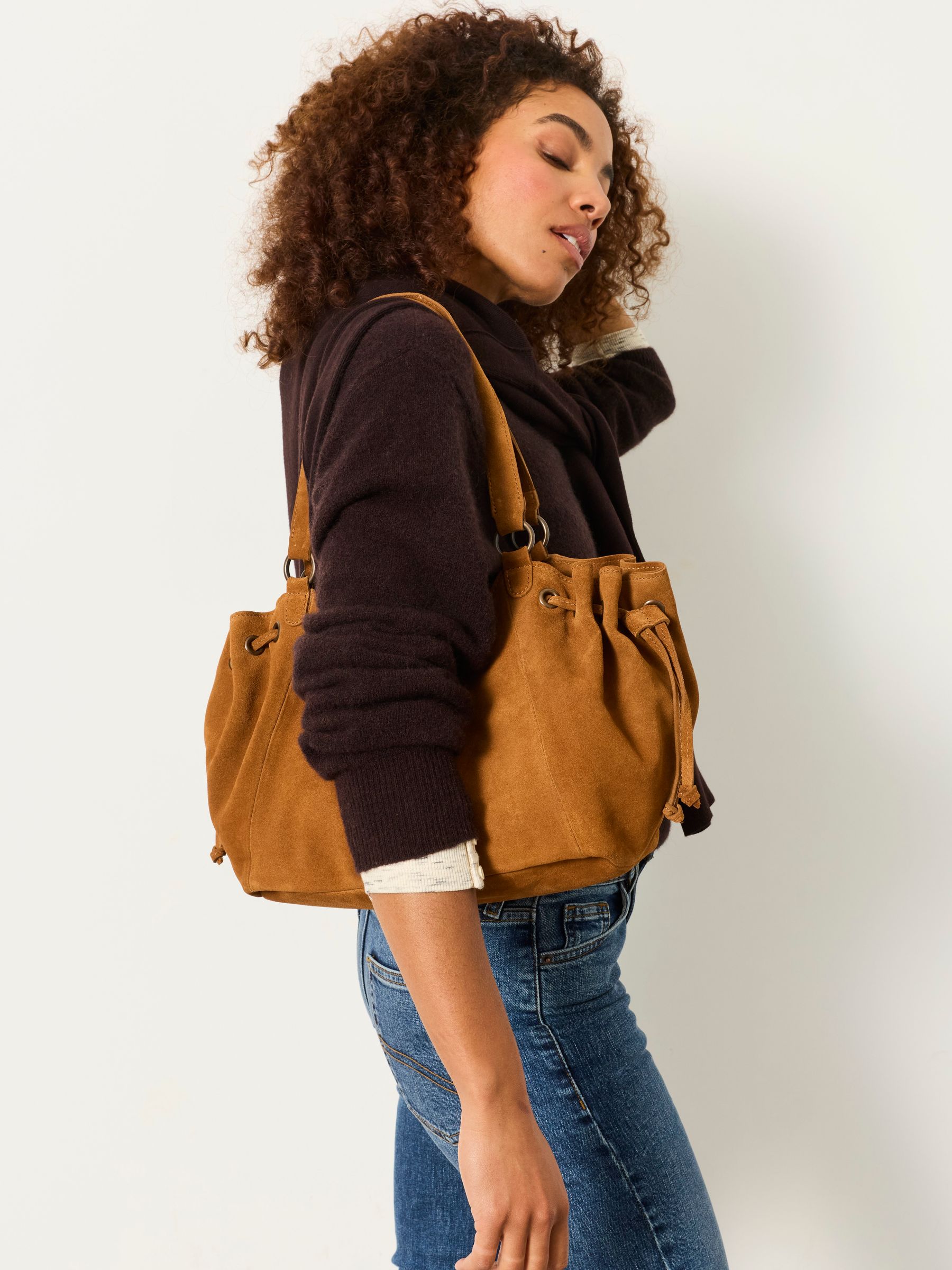 Tan Brown Ruched Suede Shoulder Bag - Image 1 of 5