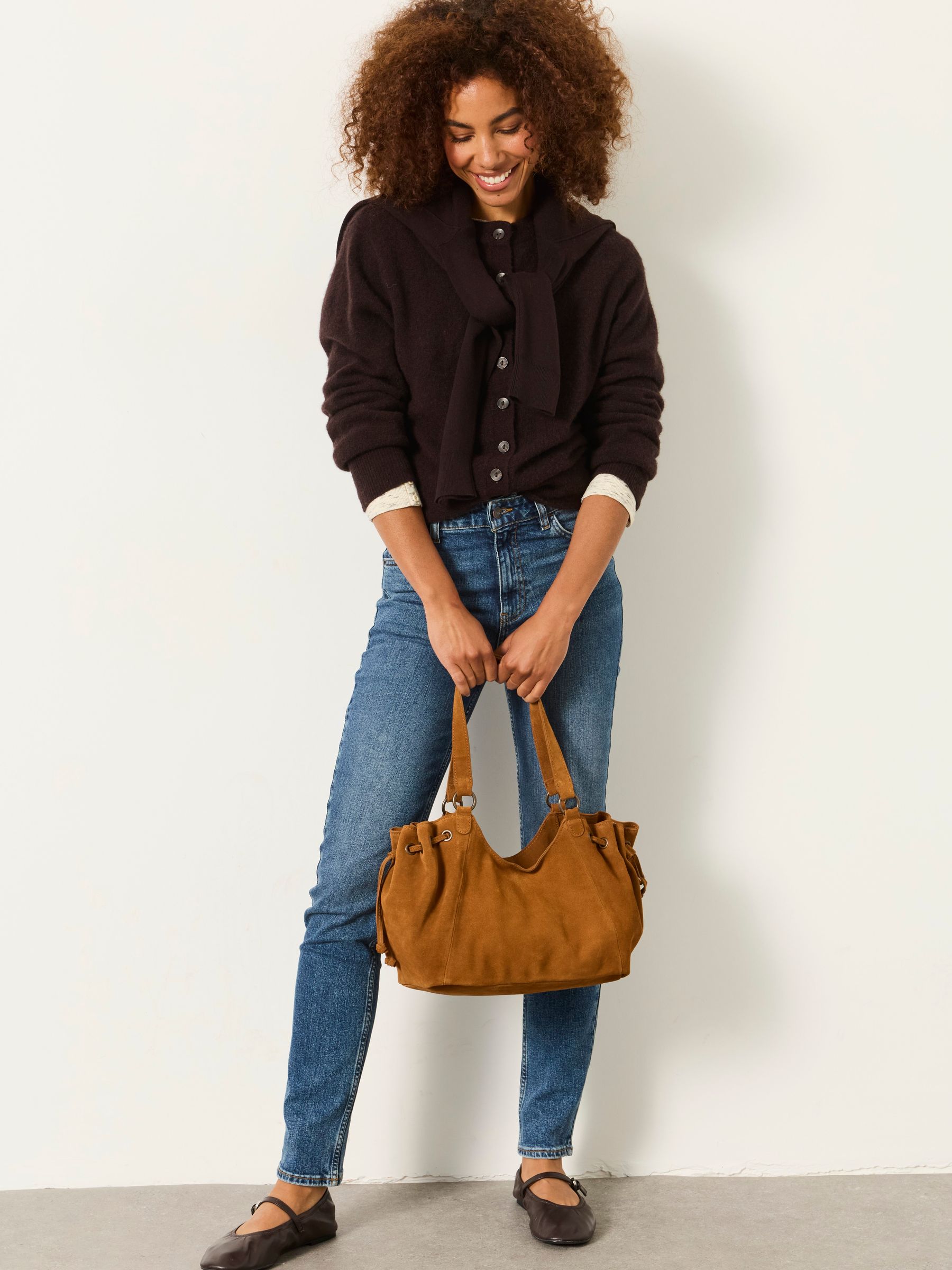Tan Brown Ruched Suede Shoulder Bag - Image 2 of 5 Tan Brown Ruched Suede Shoulder Bag - Image 2 of 5