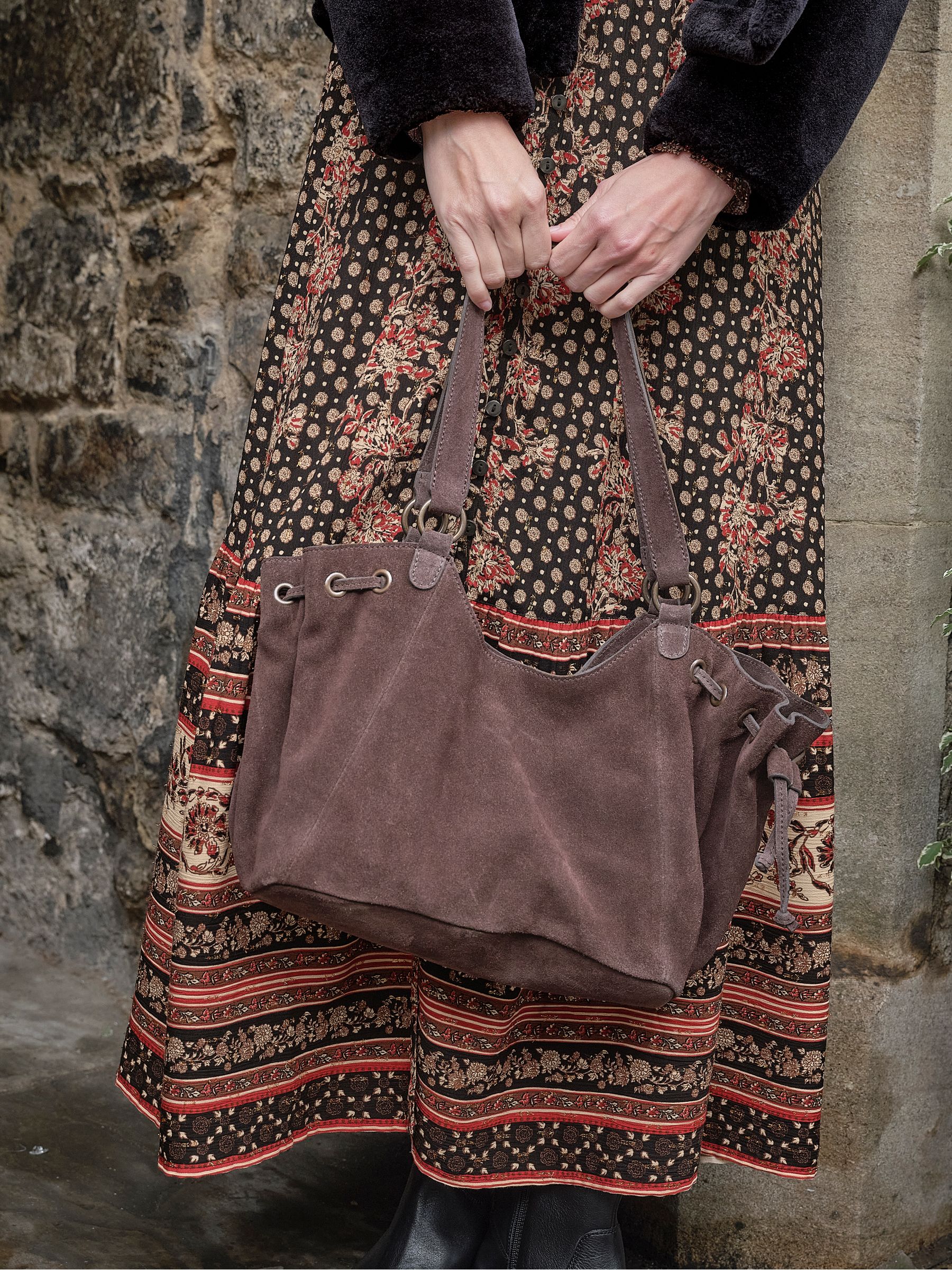 Chocolate Brown Ruched Suede Shoulder Bag - Image 1 of 6
