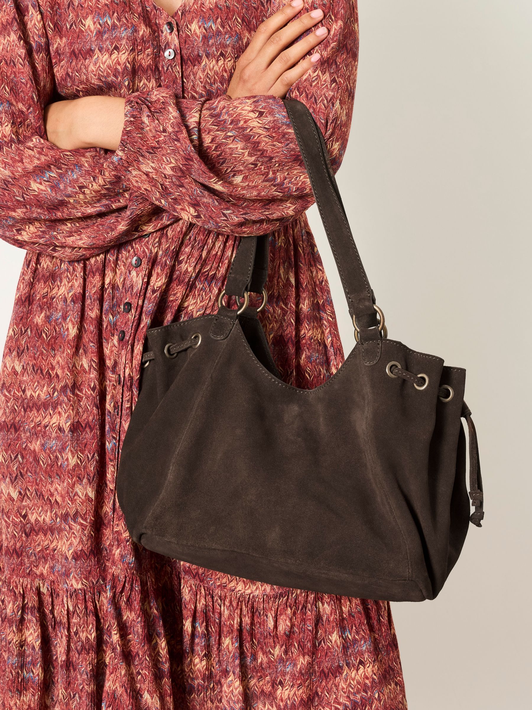 Chocolate Brown Ruched Suede Shoulder Bag - Image 2 of 6
