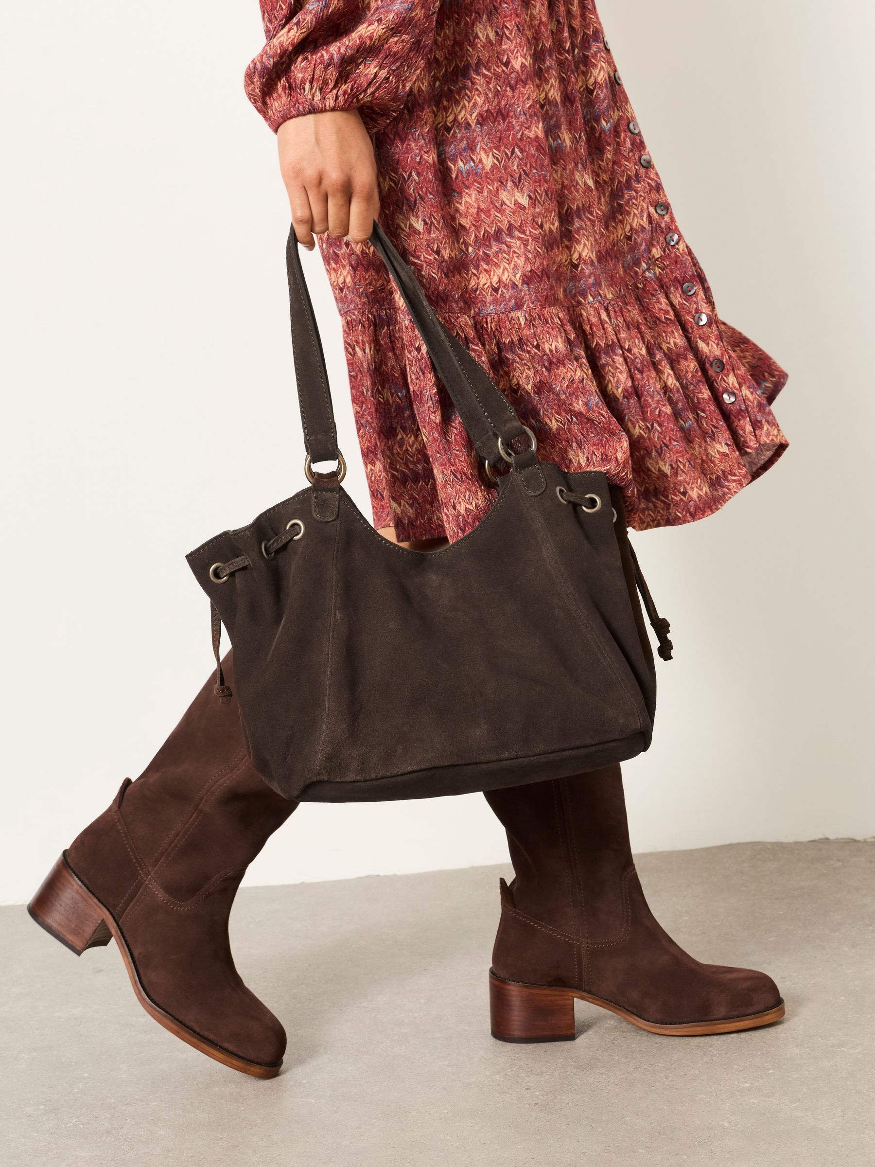 Chocolate Brown Ruched Suede Shoulder Bag - Image 3 of 6