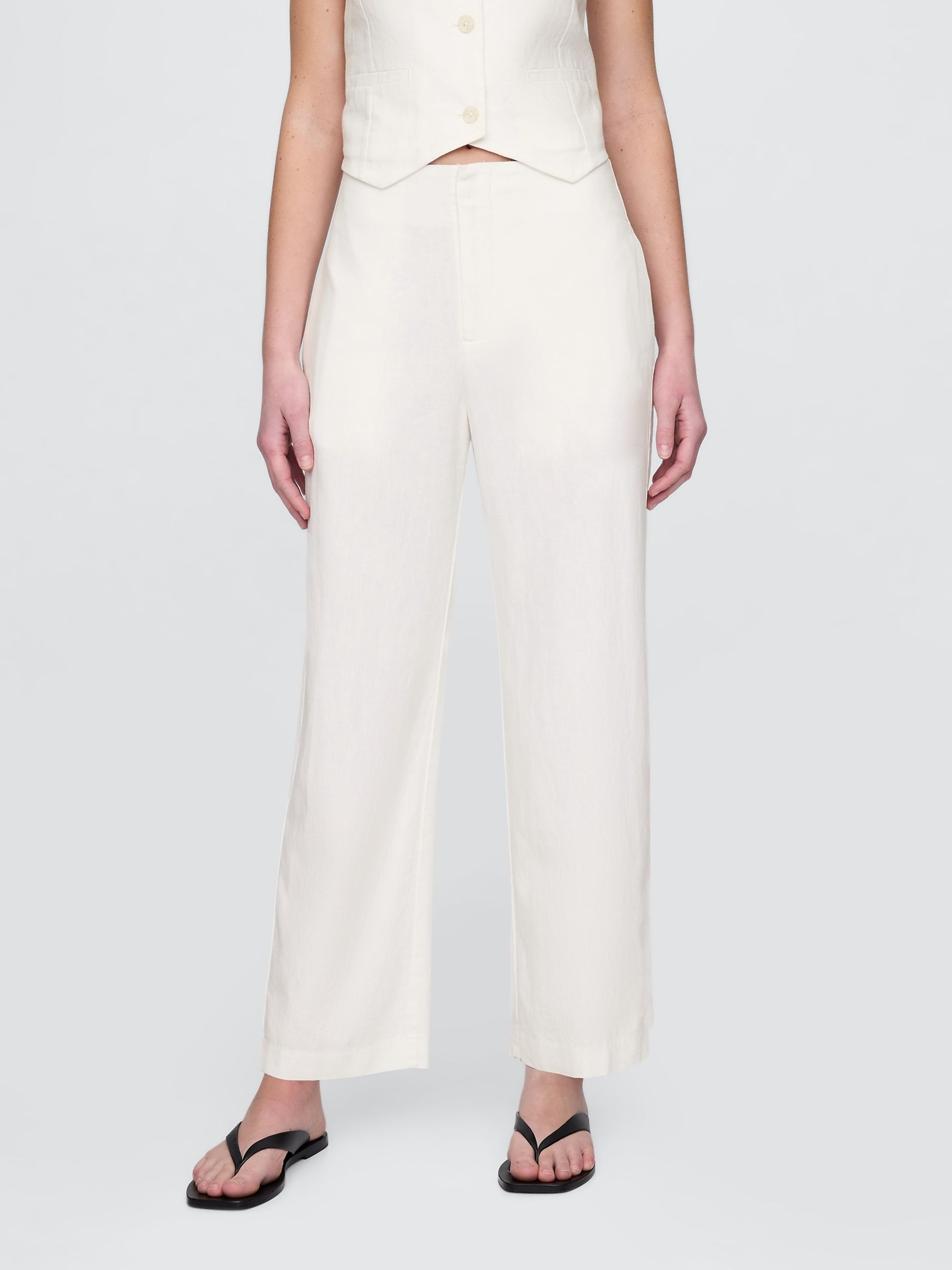 White Linen Blend Relaxed Straight Trousers - Image 1 of 4
