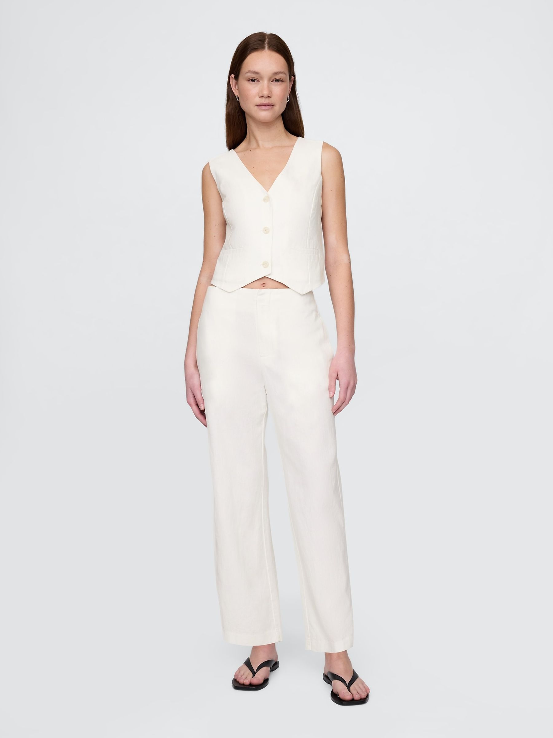 White Linen Blend Relaxed Straight Trousers - Image 4 of 4