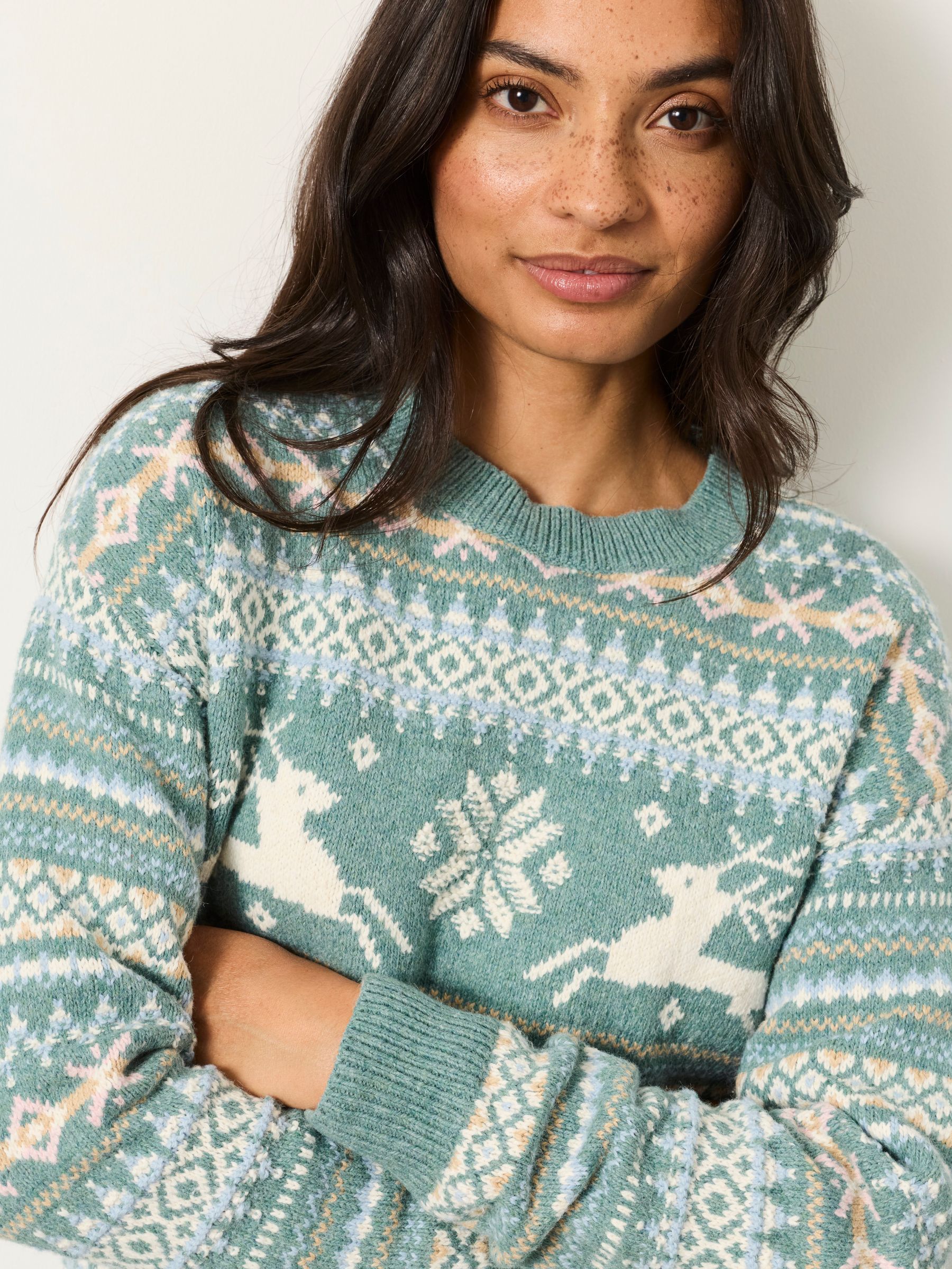 Light Teal Christmas Reindeer Knitted Crew Jumper - Image 2 of 6
