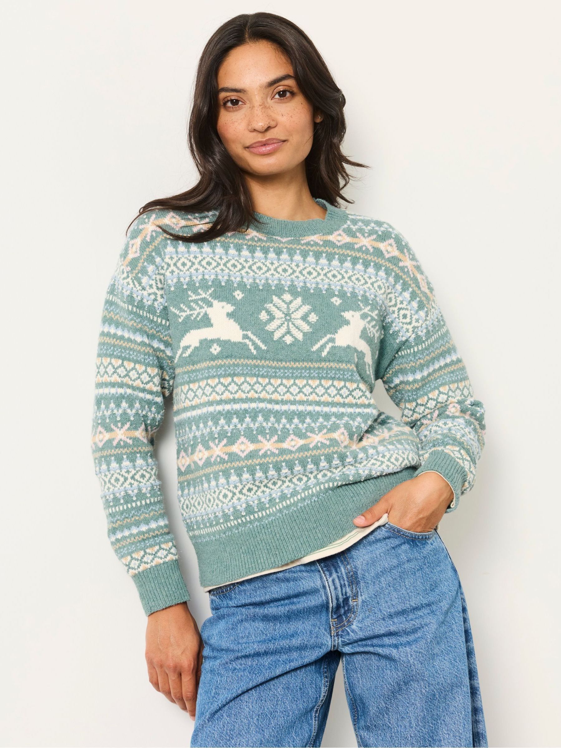 Light Teal Christmas Reindeer Knitted Crew Jumper - Image 3 of 6