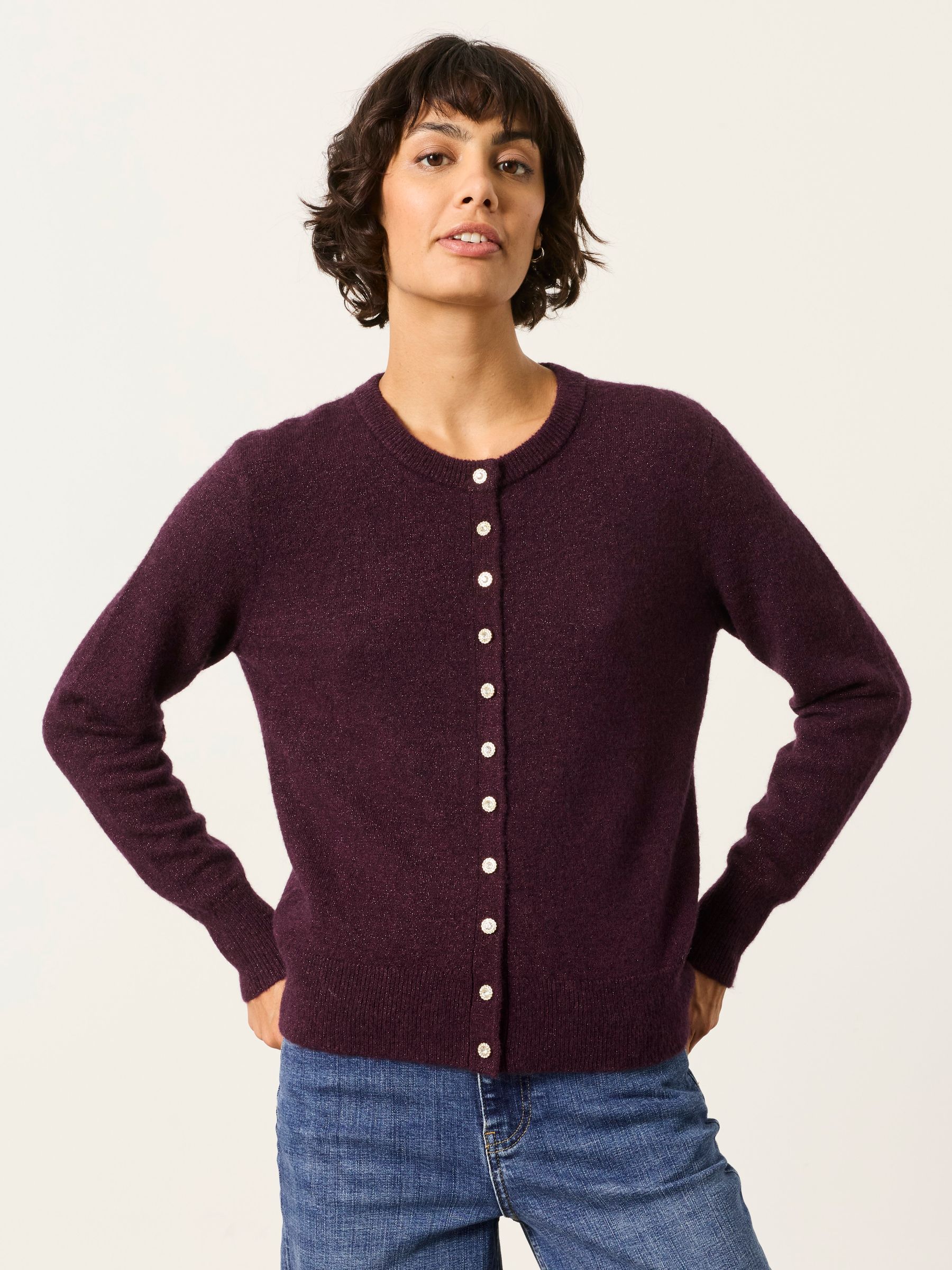 Halle Dark Red Sparkle Crew Neck Christmas Cardigan - Image 1 of 6