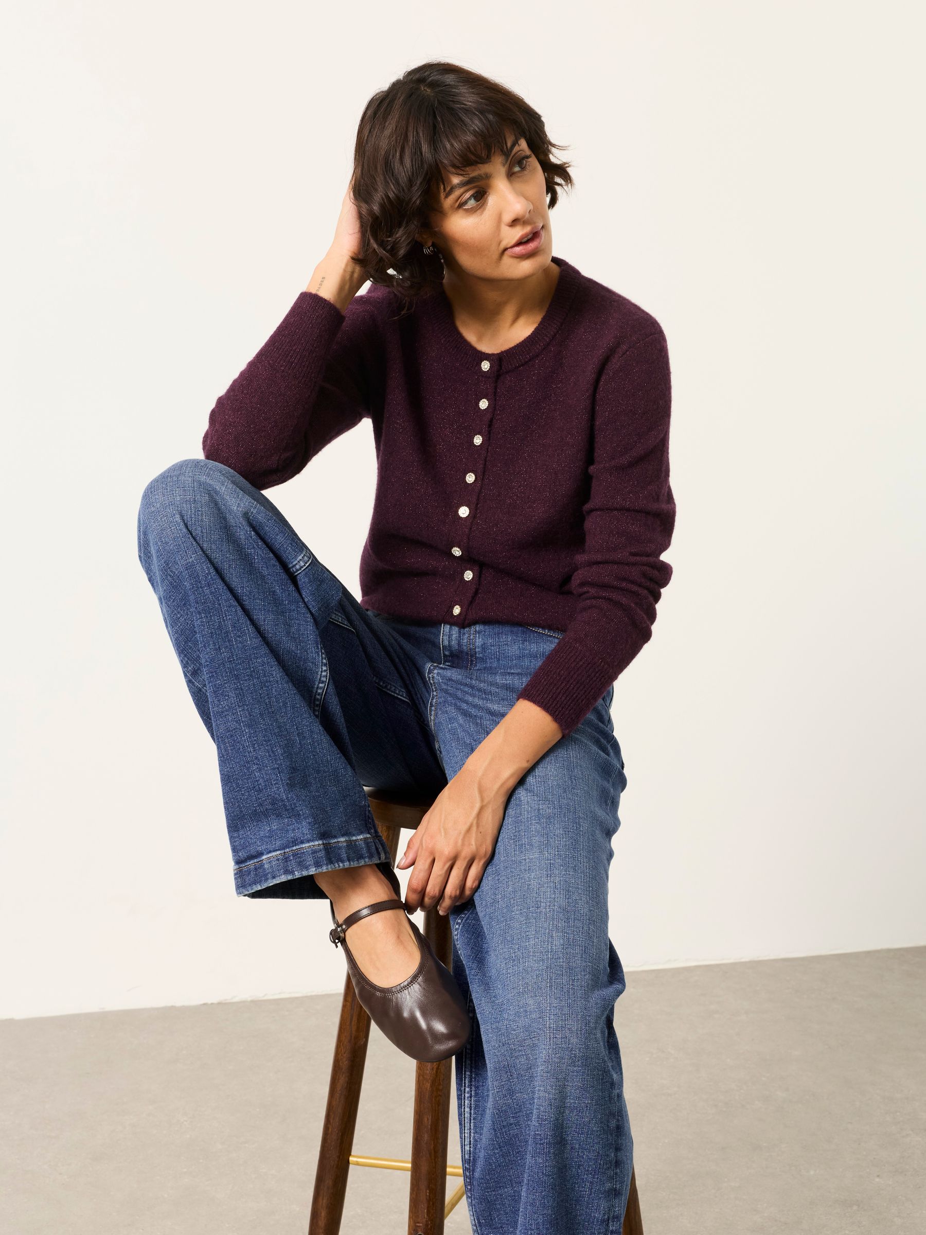 Halle Dark Red Sparkle Crew Neck Christmas Cardigan - Image 5 of 6