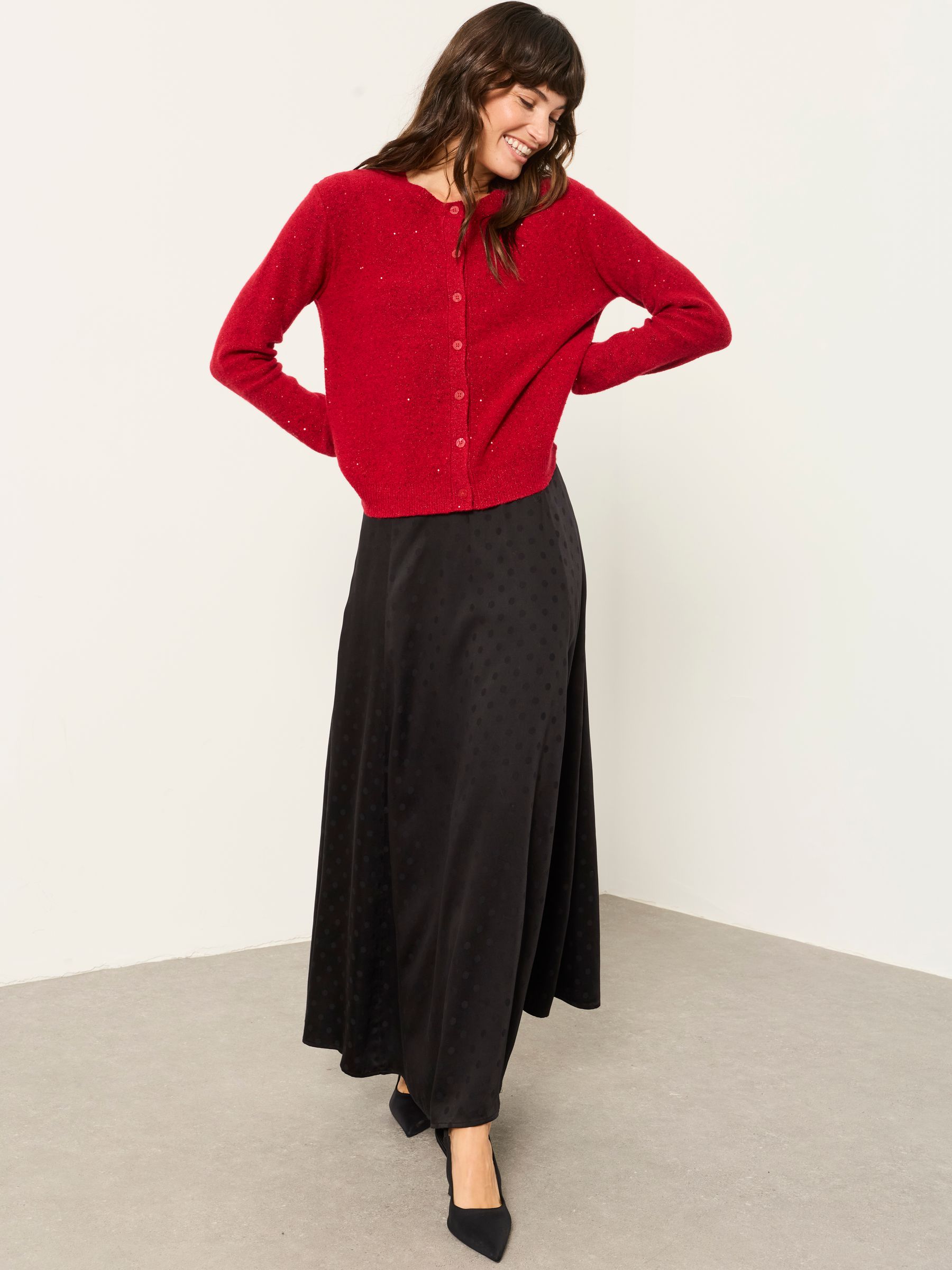 Skylar Red Knitted Sequin Sparkle Crew Cardigan - Image 3 of 6