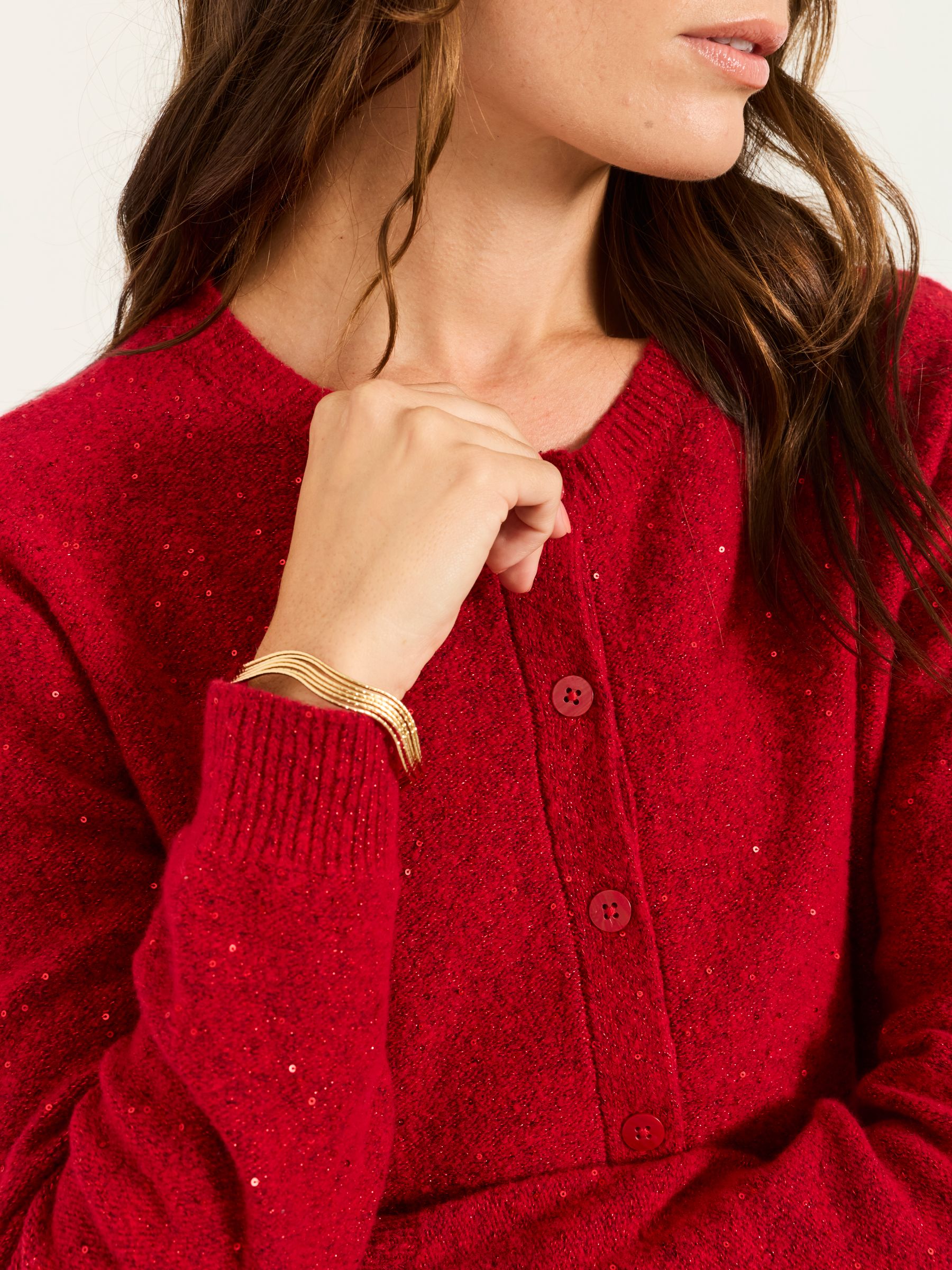 Skylar Red Knitted Sequin Sparkle Crew Cardigan - Image 4 of 6