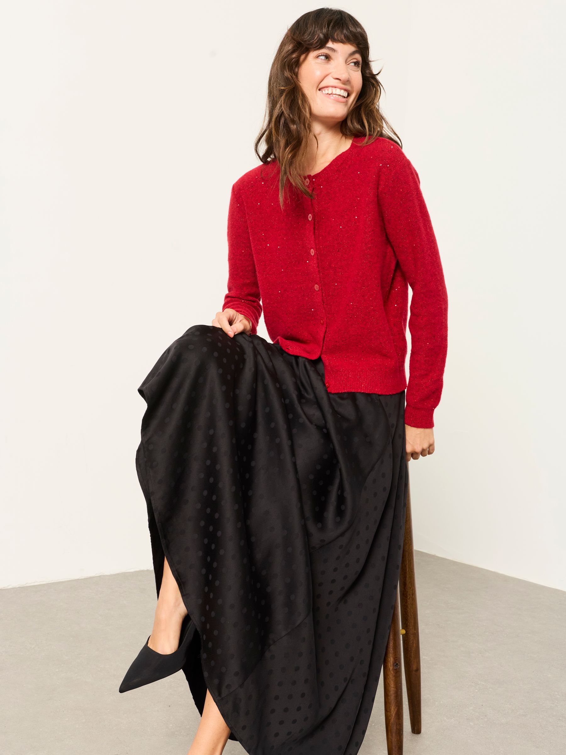 Skylar Red Knitted Sequin Sparkle Crew Cardigan - Image 5 of 6