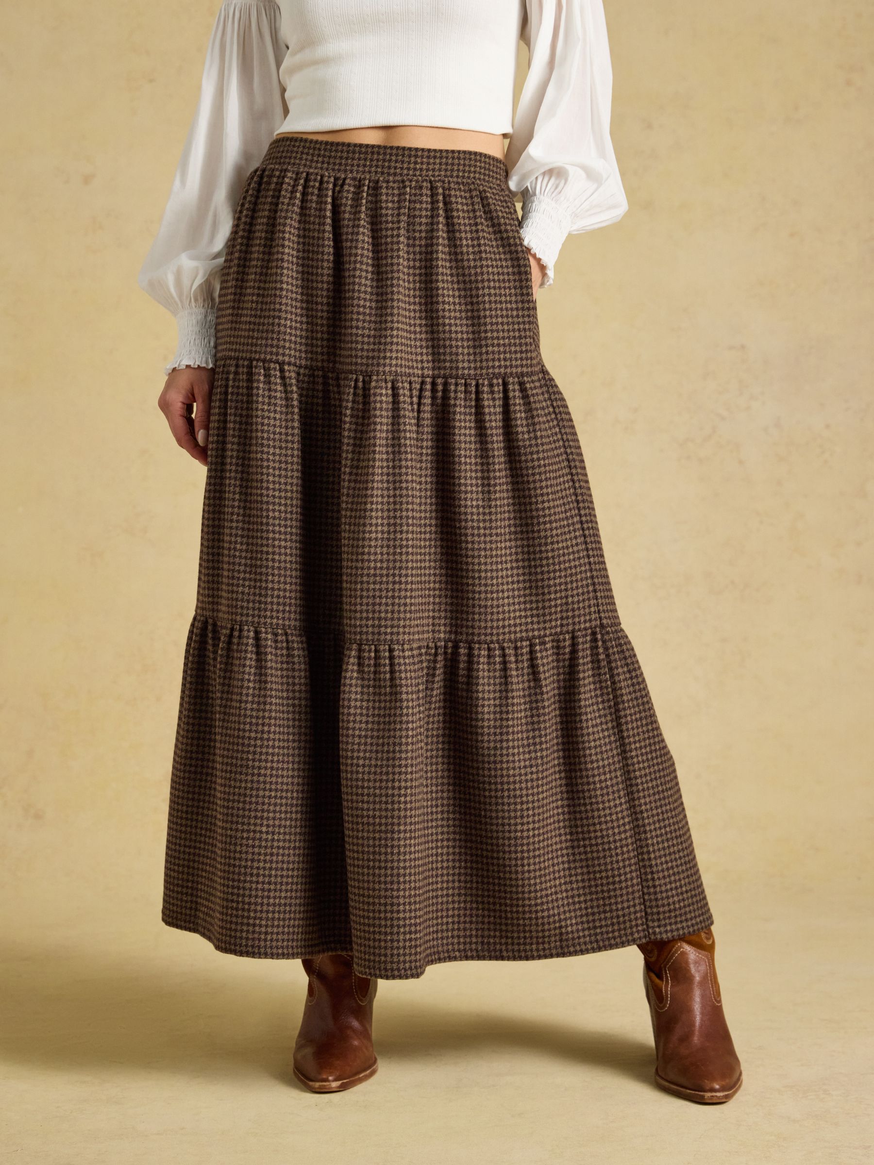 Brown Houndstooth Tiered Maxi Skirt - Image 1 of 6
