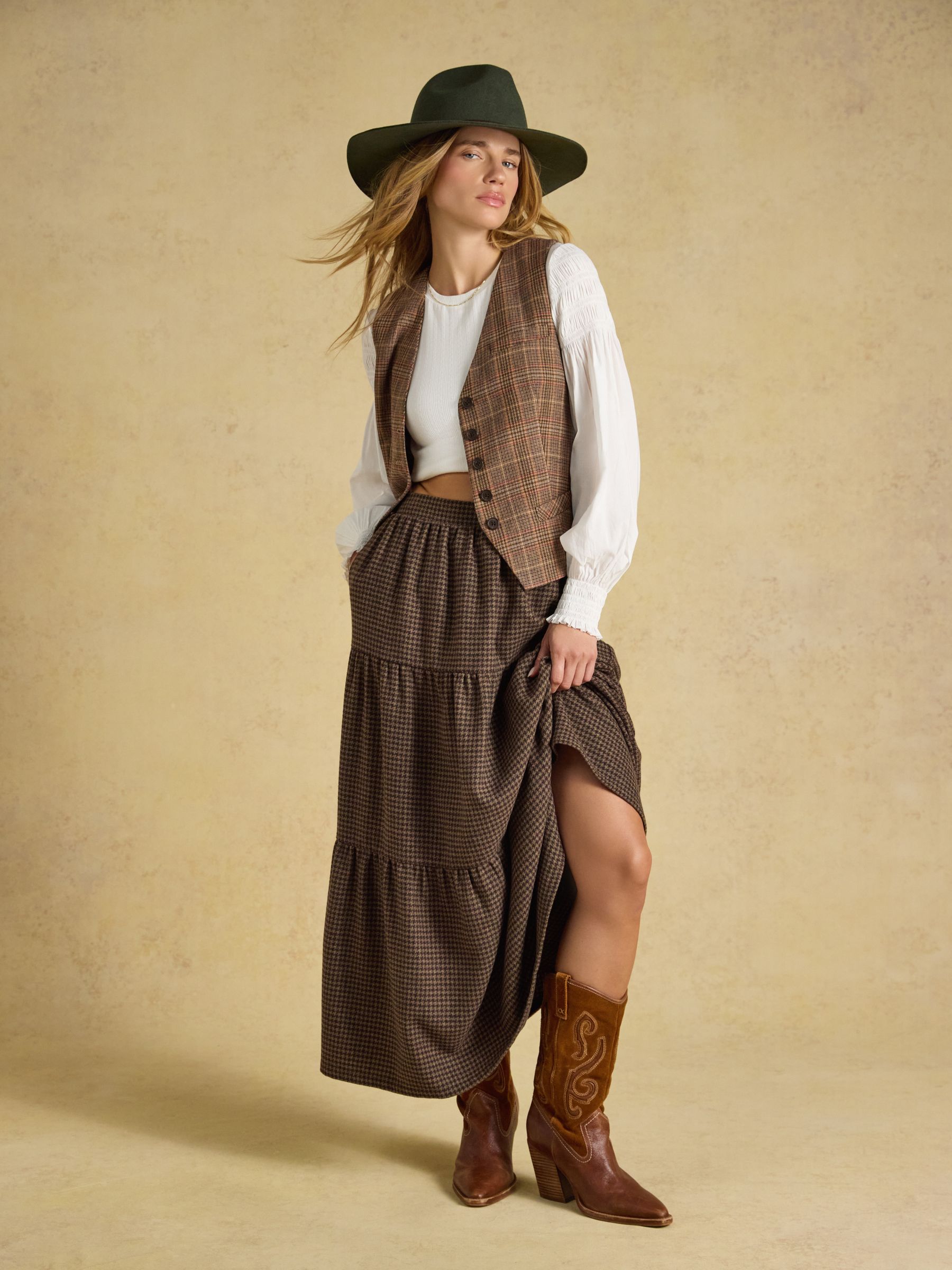 Brown Houndstooth Tiered Maxi Skirt - Image 5 of 6