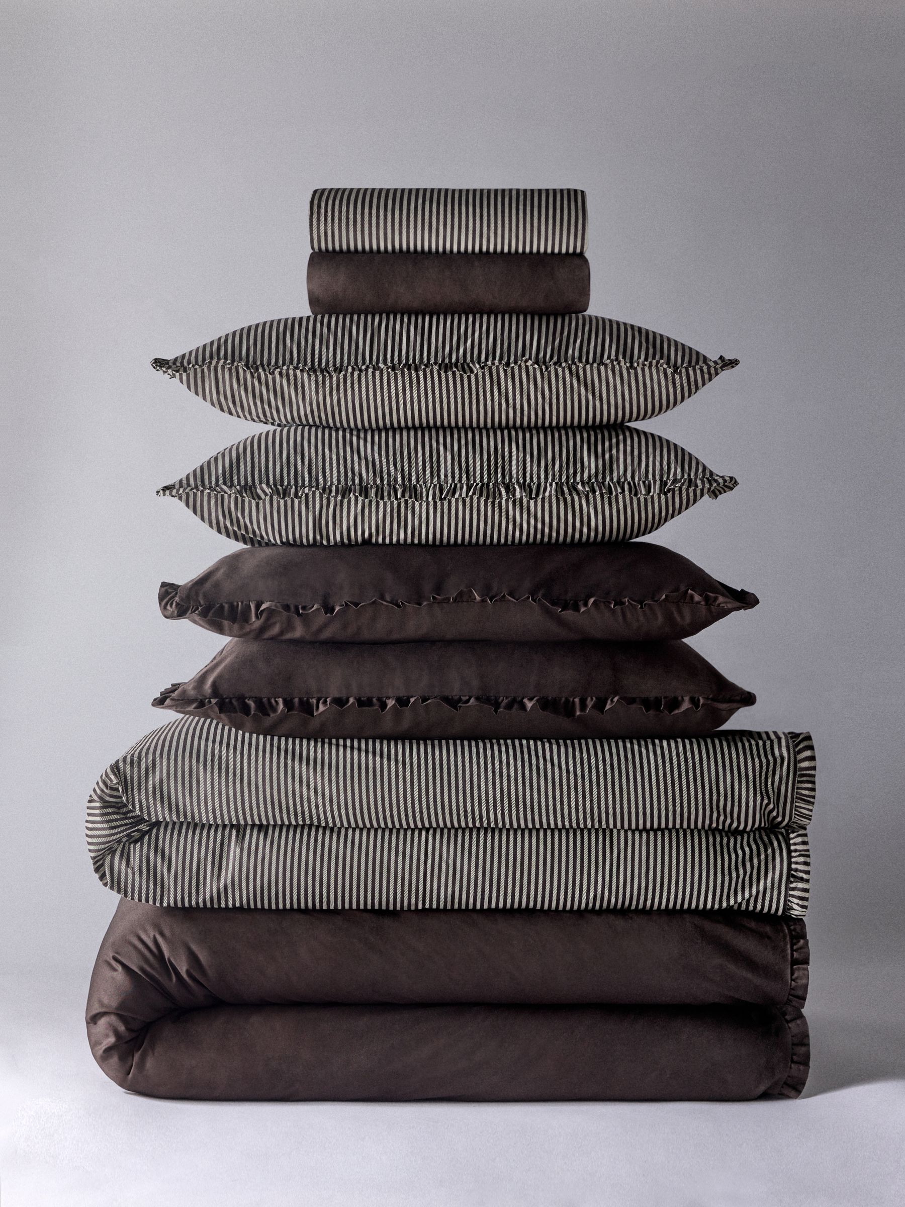The Set 8 Piece Chocolate/Stripe Frill Duvet Cover and Pillowcase Set with Fitted Sheets - Image 1 of 6 The Set 8 Piece Chocolate/Stripe Frill Duvet Cover and Pillowcase Set with Fitted Sheets - Image 1 of 6