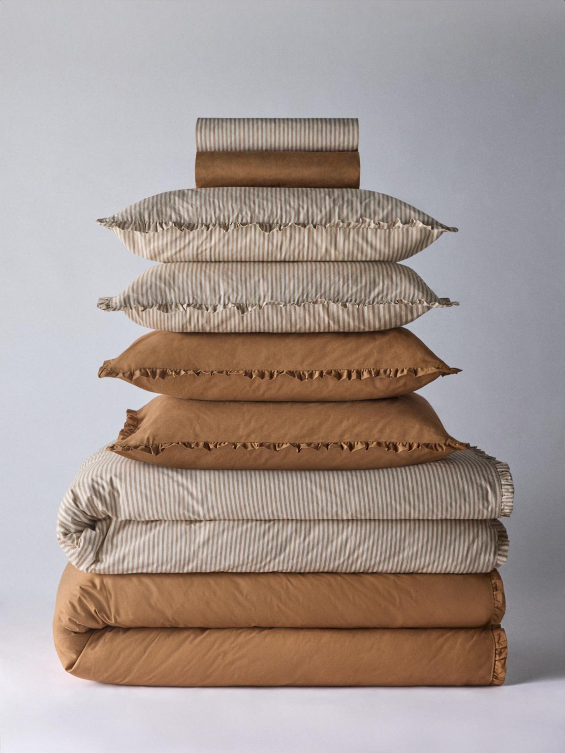 The Set 8 Piece Caramel/Stripe Frill Duvet Cover and Pillowcase Set with Fitted Sheets - Image 1 of 6