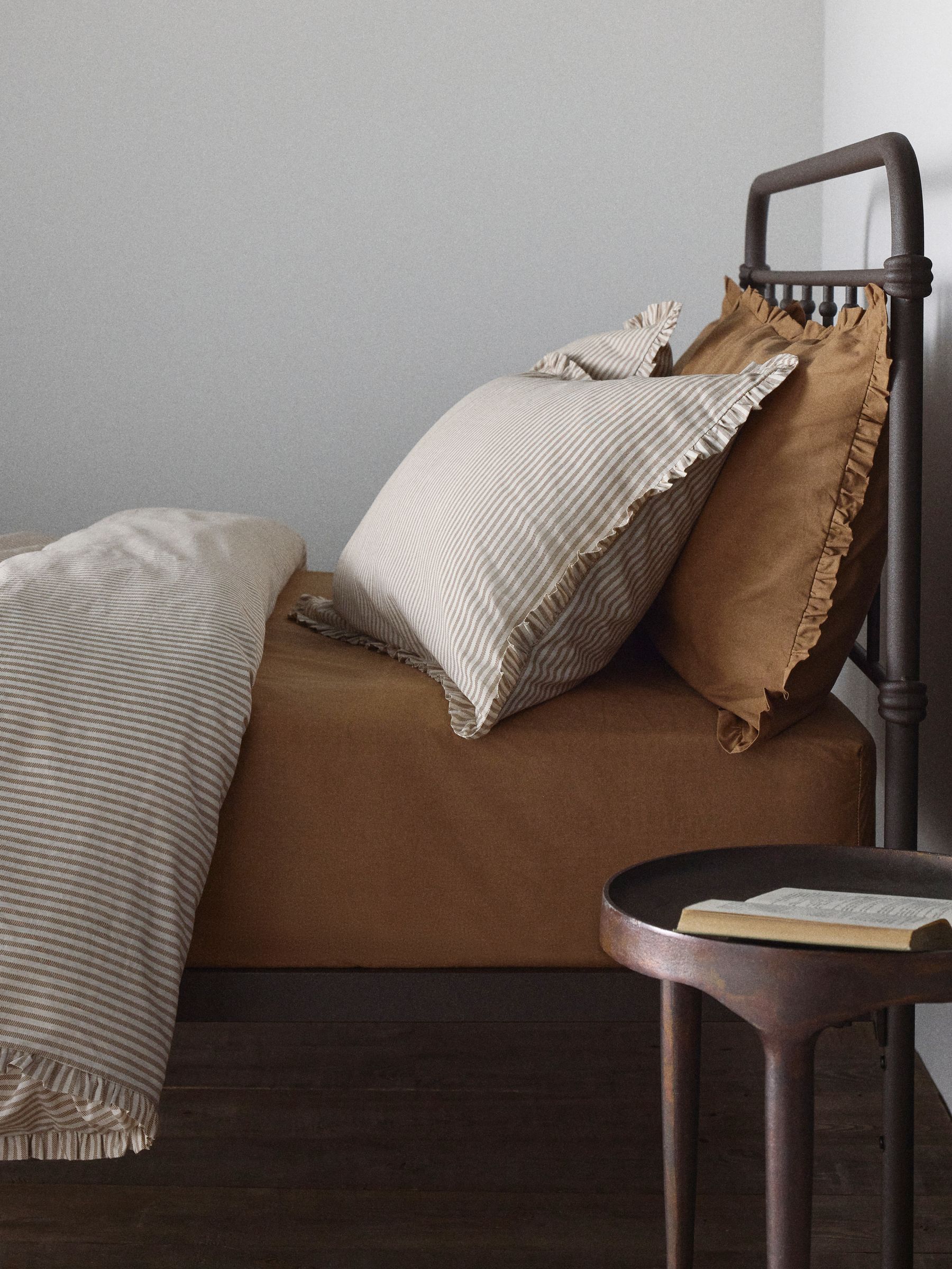 The Set 8 Piece Caramel/Stripe Frill Duvet Cover and Pillowcase Set with Fitted Sheets - Image 3 of 6