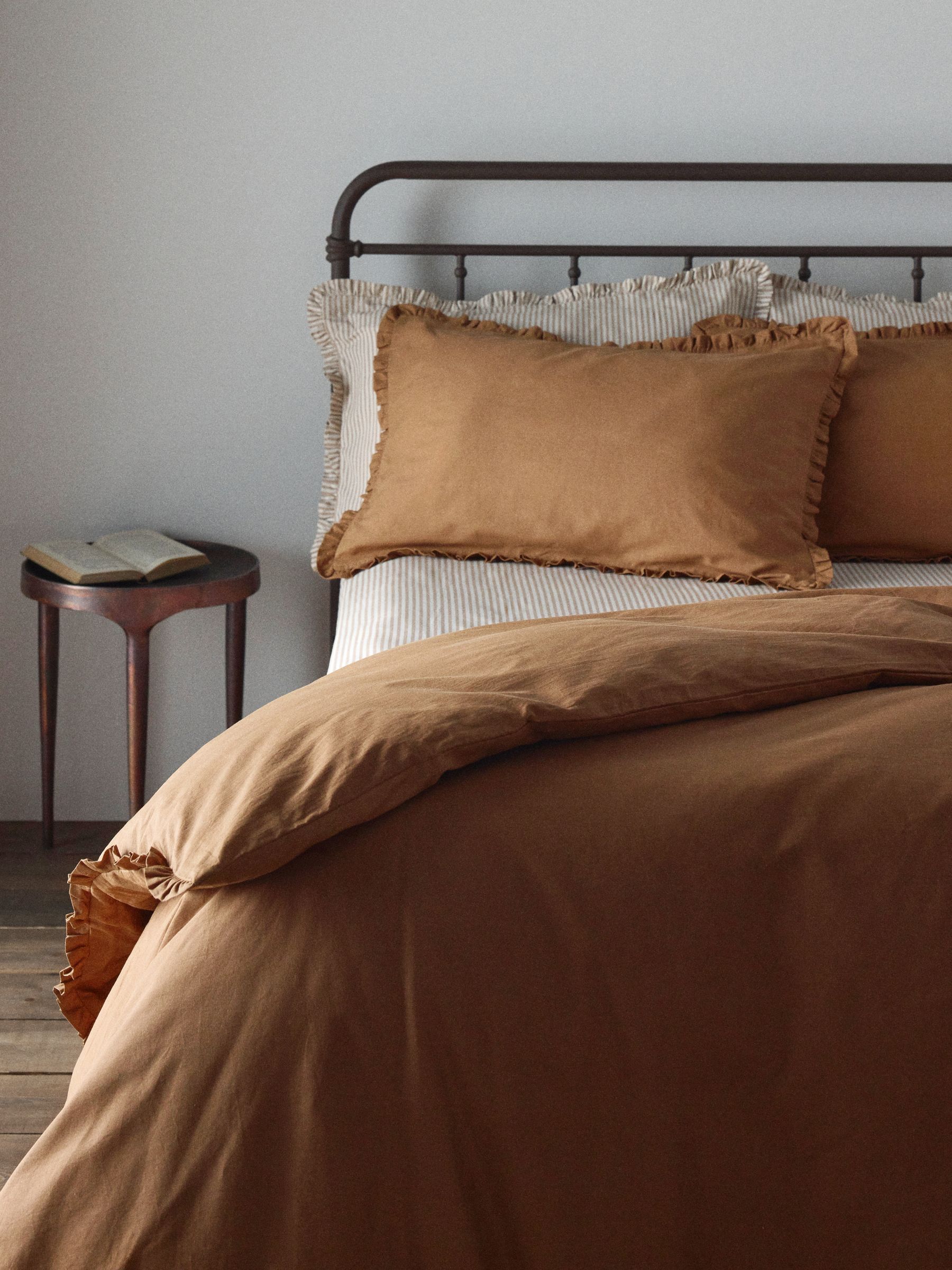 The Set 8 Piece Caramel/Stripe Frill Duvet Cover and Pillowcase Set with Fitted Sheets - Image 5 of 6