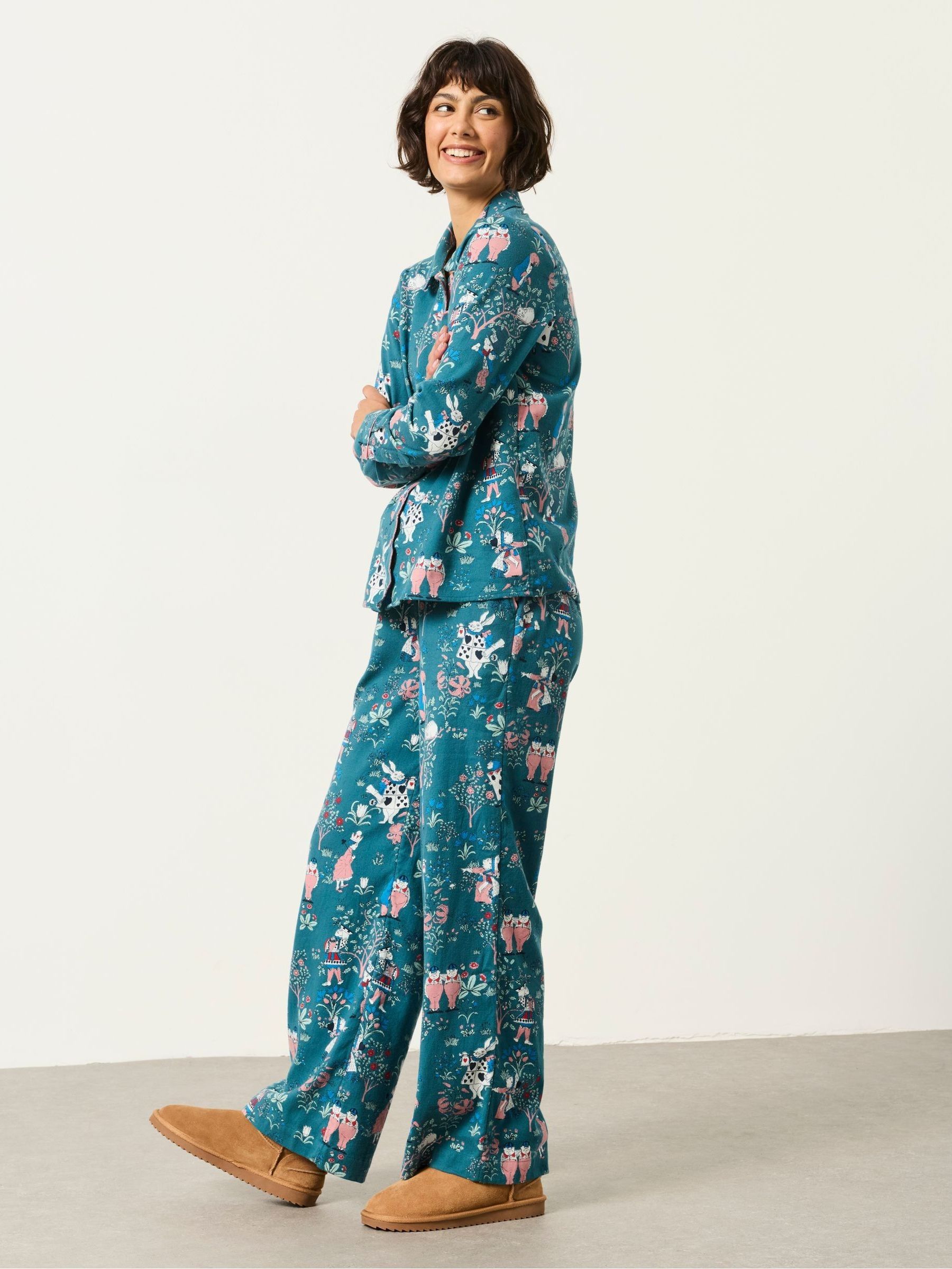 V&A|FatFace 2 Piece Teal Blue Magic Garden Scalloped Pyjama Set - Image 1 of 8