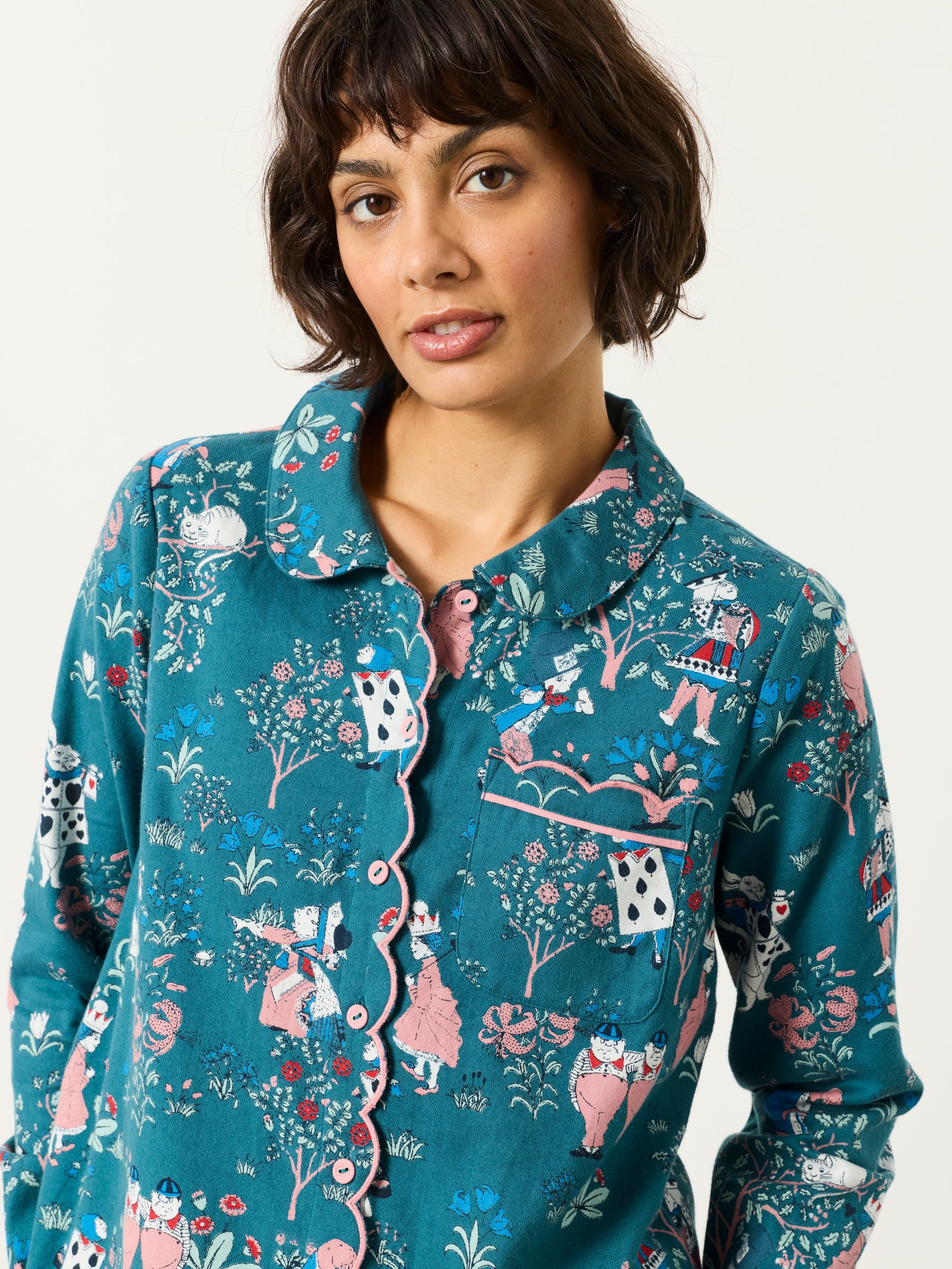 V&A|FatFace 2 Piece Teal Blue Magic Garden Scalloped Pyjama Set - Image 4 of 8