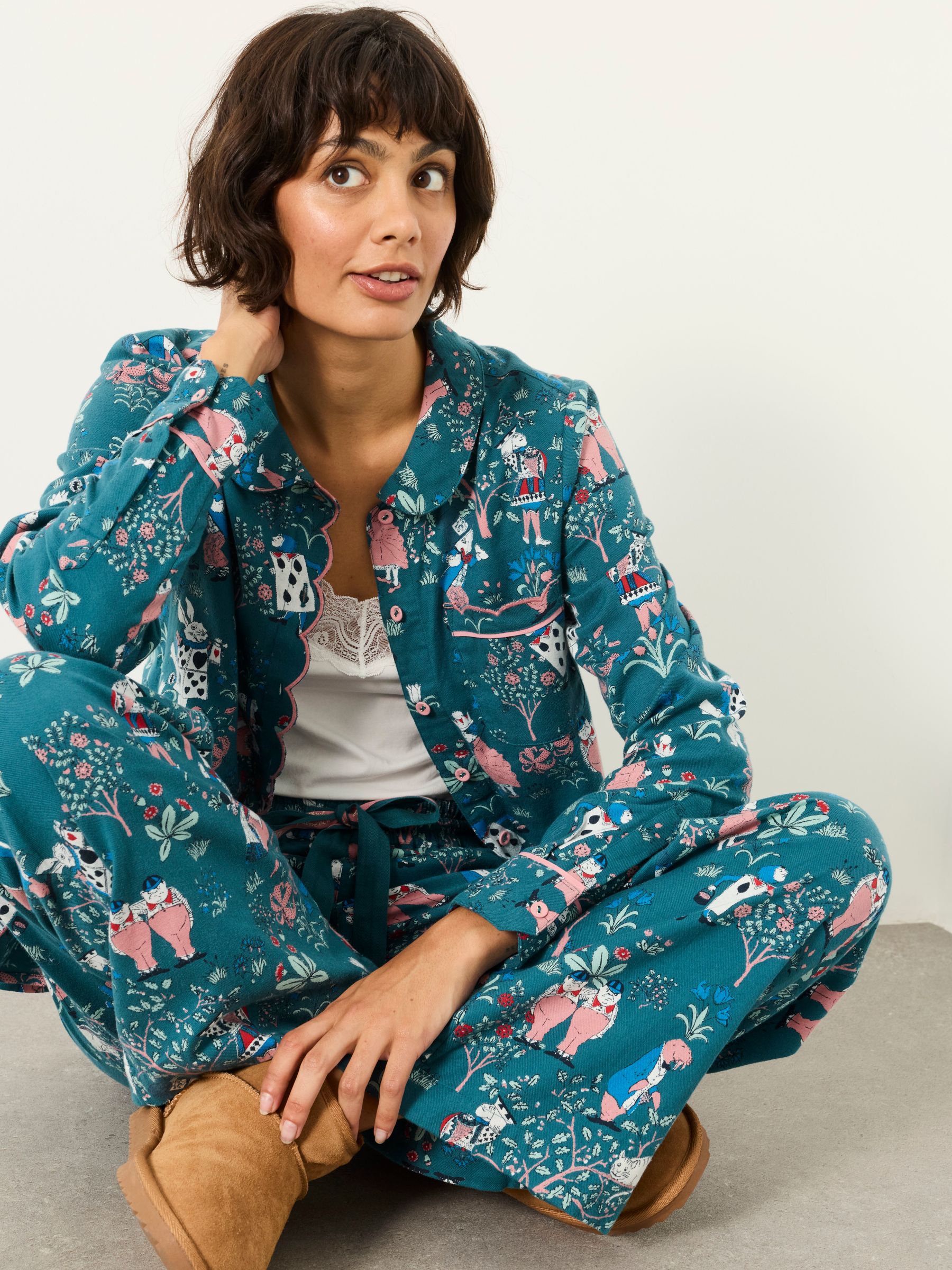 V&A|FatFace 2 Piece Teal Blue Magic Garden Scalloped Pyjama Set - Image 6 of 8