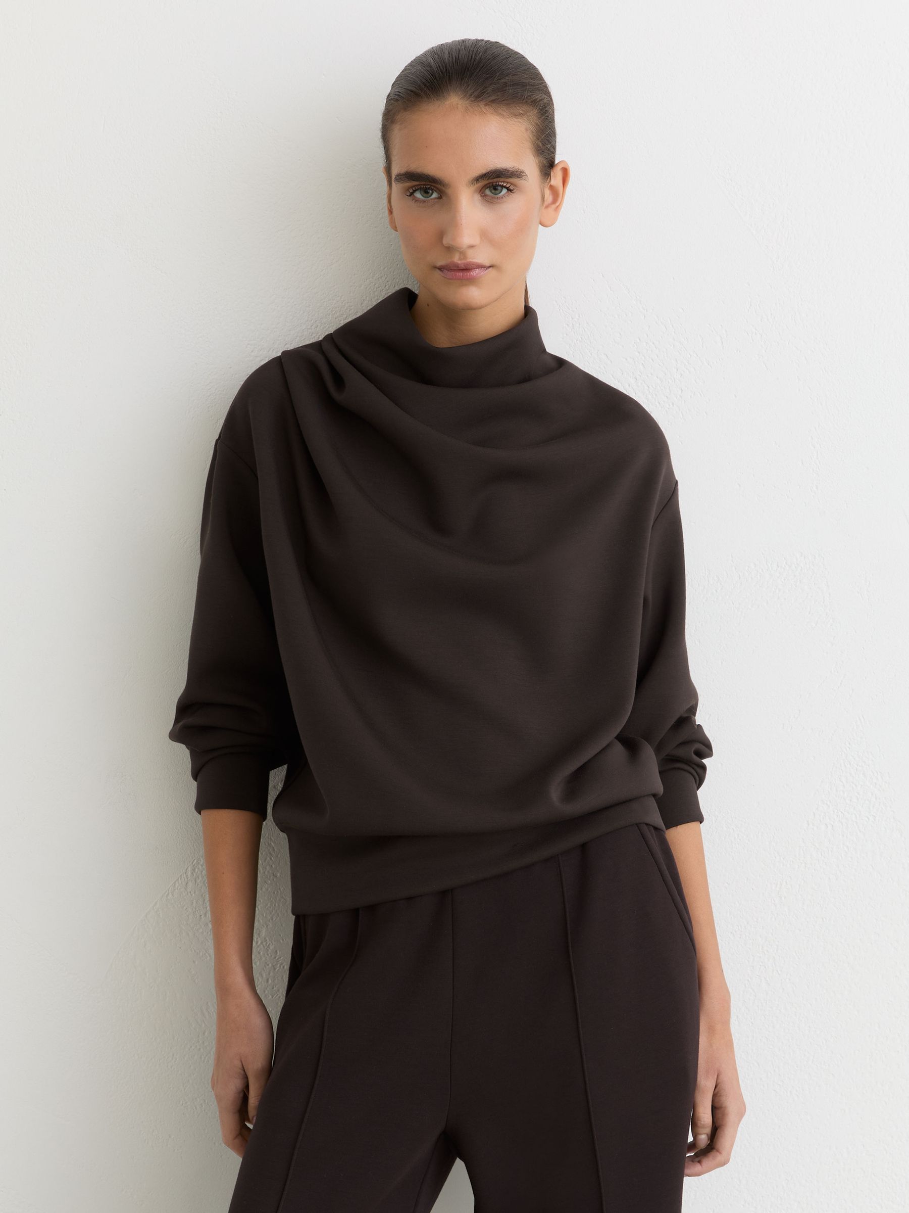 Premium Interlock Drape-Neck Sweatshirt in Dark Chocolate Brown - Image 1 of 7