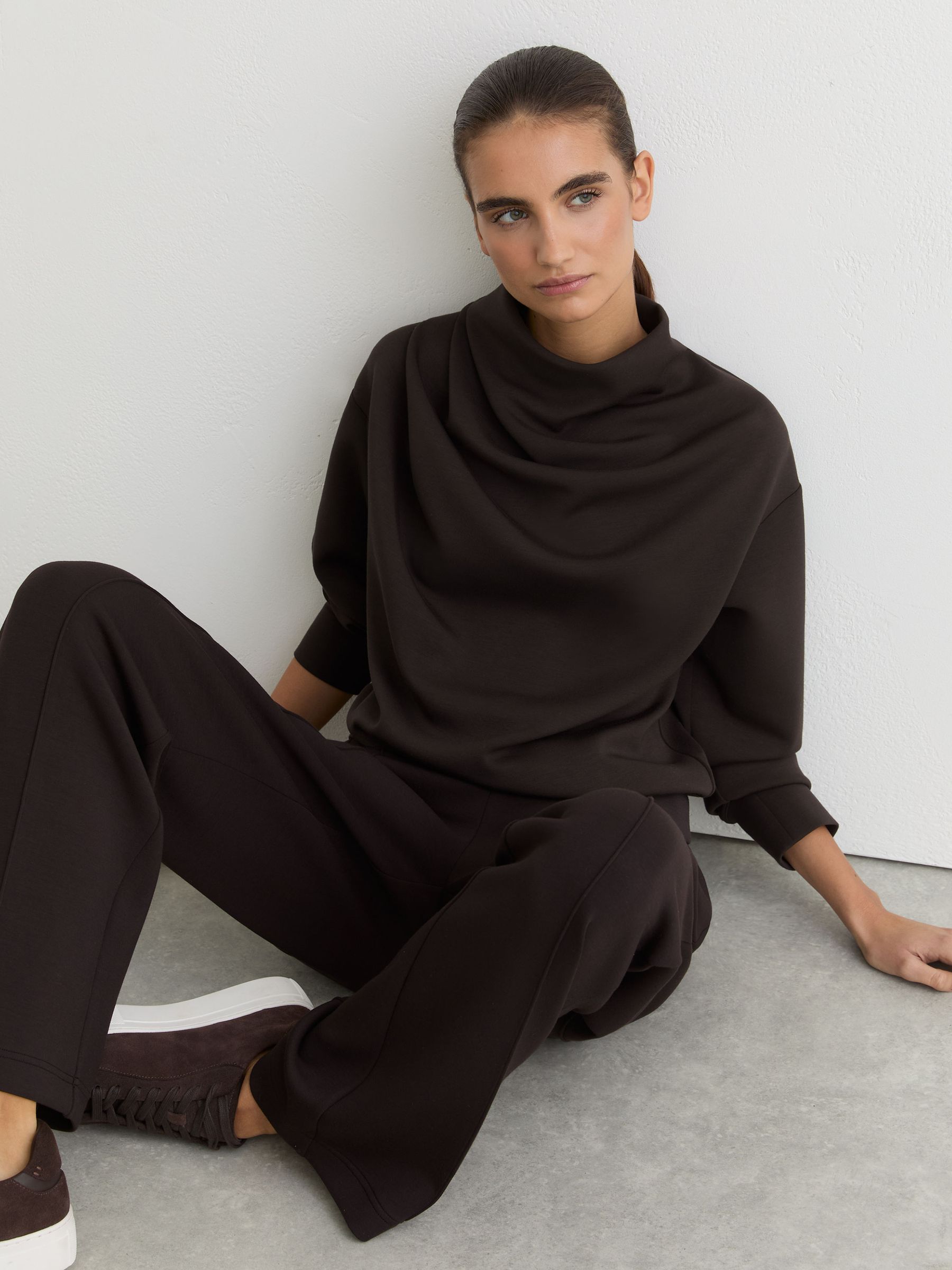 Premium Interlock Drape-Neck Sweatshirt in Dark Chocolate Brown - Image 5 of 7