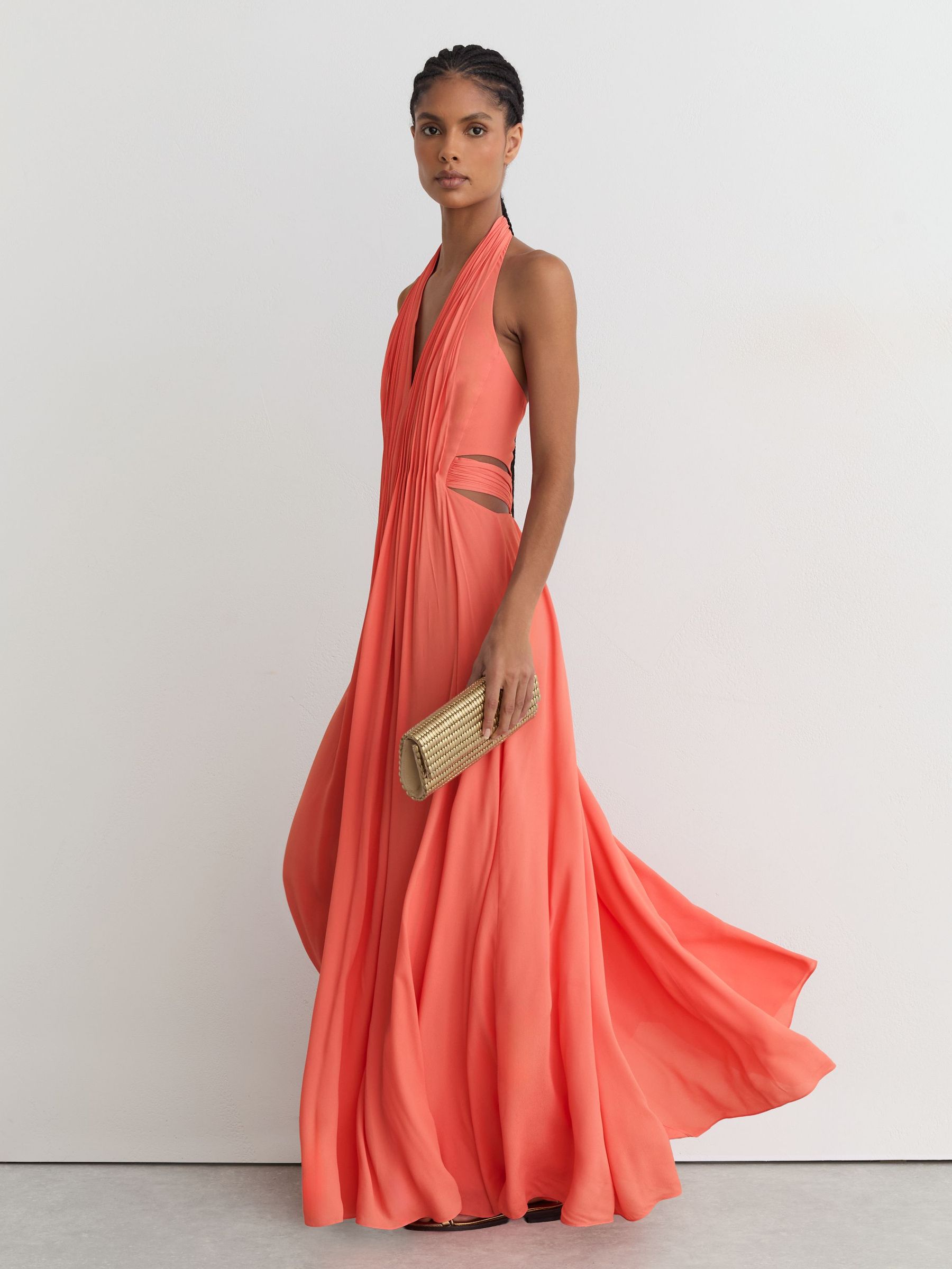 Halterneck Pleated Maxi Dress in Coral Pink - image 3